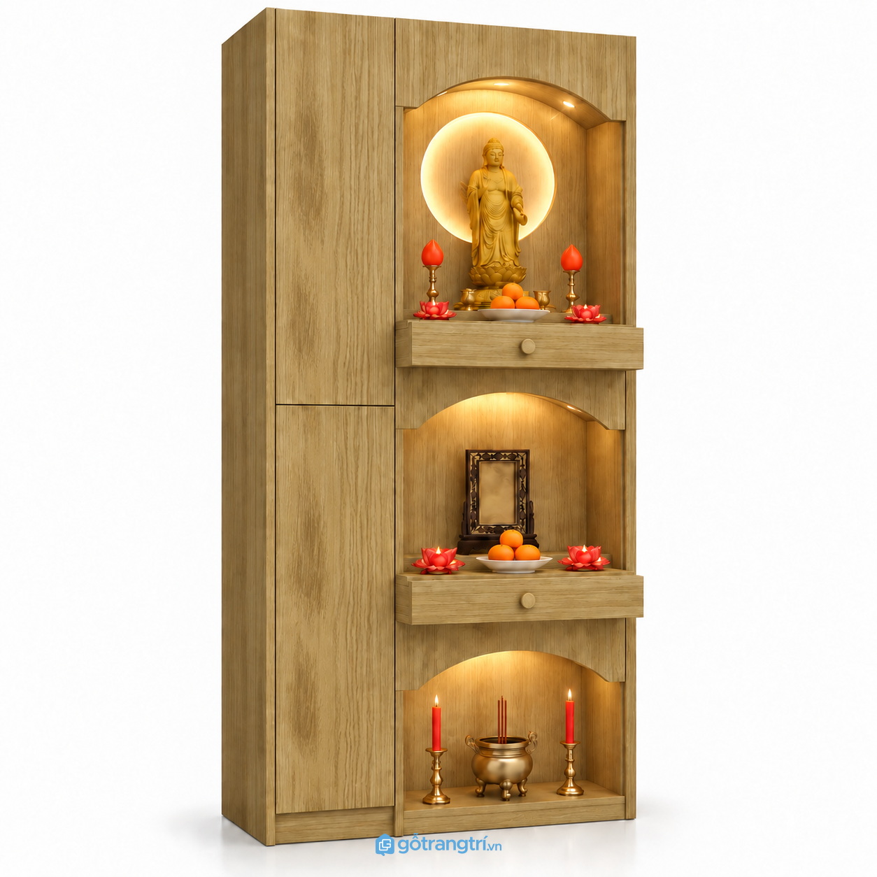 Tủ thờ đứng Phật gia tiên hiện đại gỗ sồi đẹp GHS-5088 - 81x41x178cm - Màu gỗ sồi - GHS-5088f