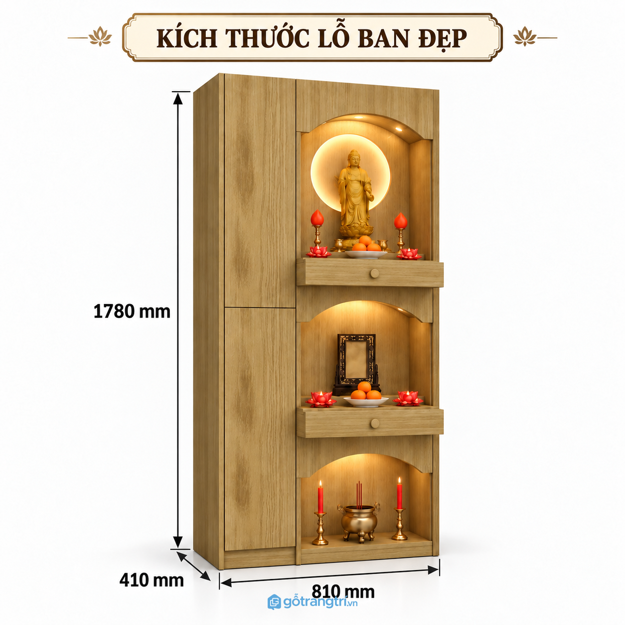 Tủ thờ đứng Phật gia tiên hiện đại – Thiết kế nhiều tầng sang trọng