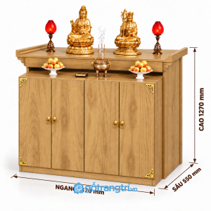 Tủ thờ Phật 4 cánh có tủ lưu trữ màu gỗ sáng