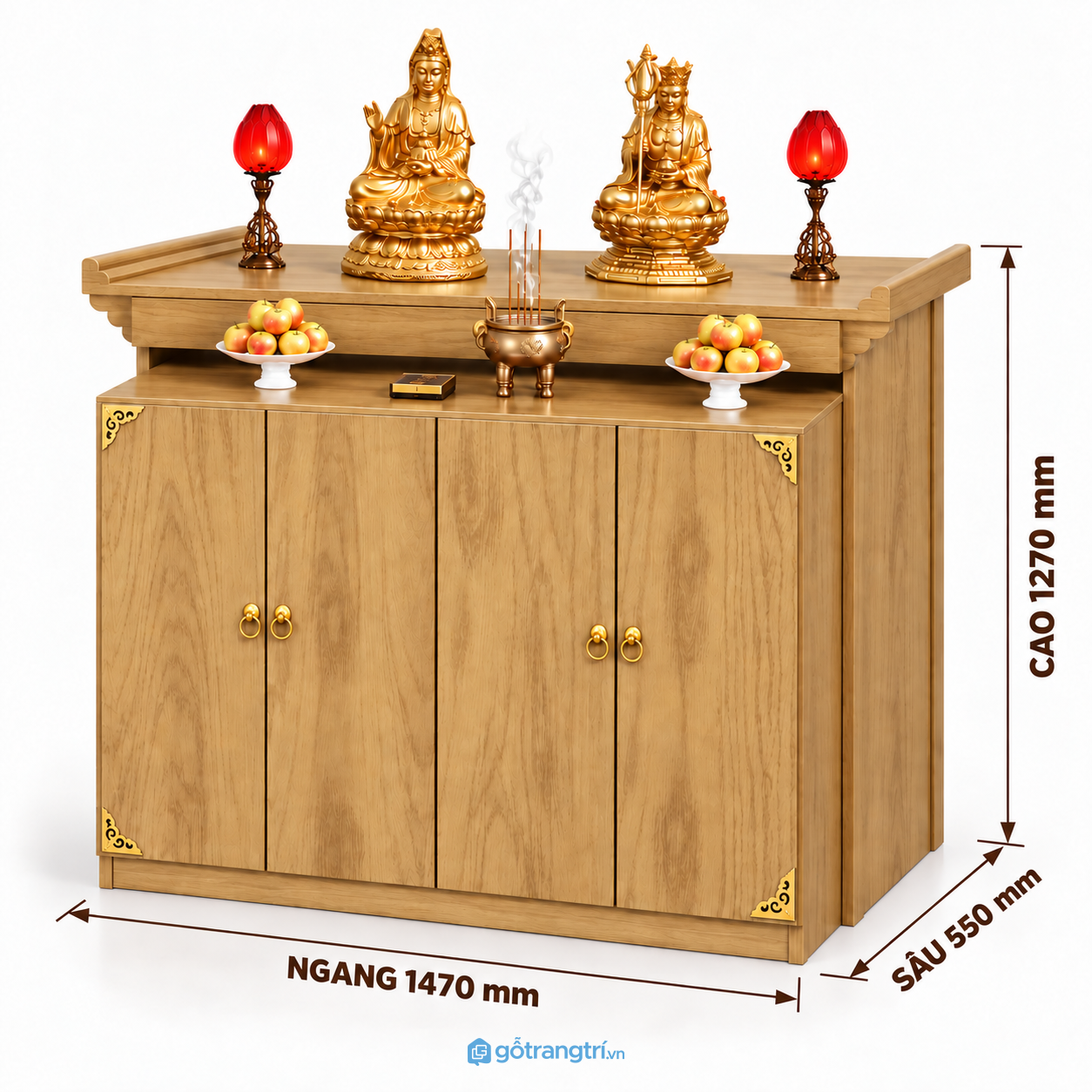 Tủ thờ Phật 4 cánh có tủ lưu trữ màu gỗ sáng Tủ thờ Phật 4 cánh có tủ lưu trữ màu gỗ sáng