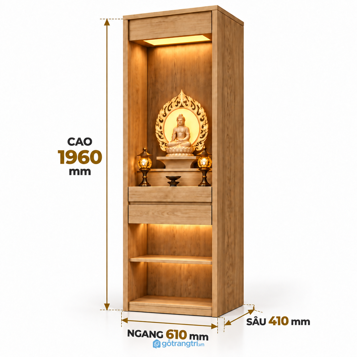 Tủ thờ Phật đứng có đèn LED, thiết kế cao gọn