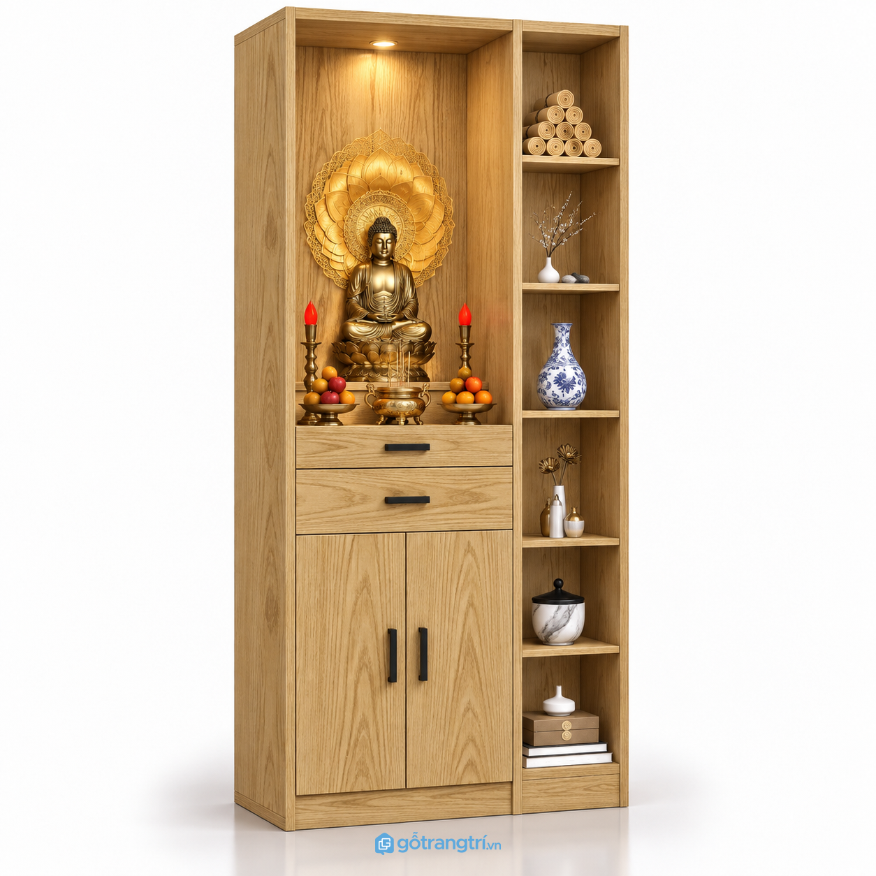 Tủ thờ Phật đứng có kệ trang trí hiện đại GHS-5084 - Màu gỗ sồi