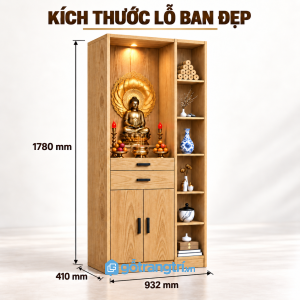 Tủ thờ Phật đứng có kệ trang trí, ngăn kéo tiện dụng