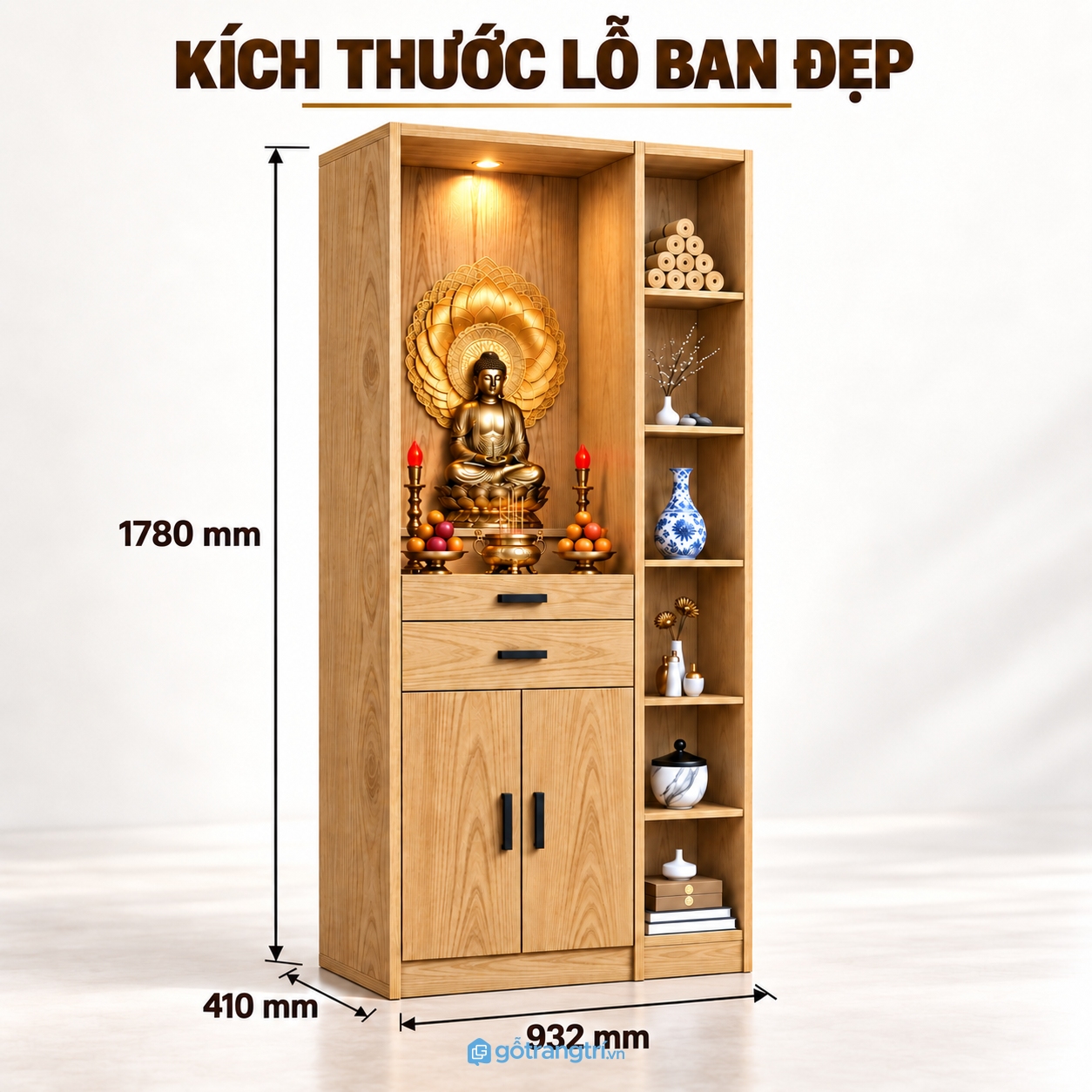 Tủ thờ Phật đứng có kệ trang trí, ngăn kéo tiện dụng