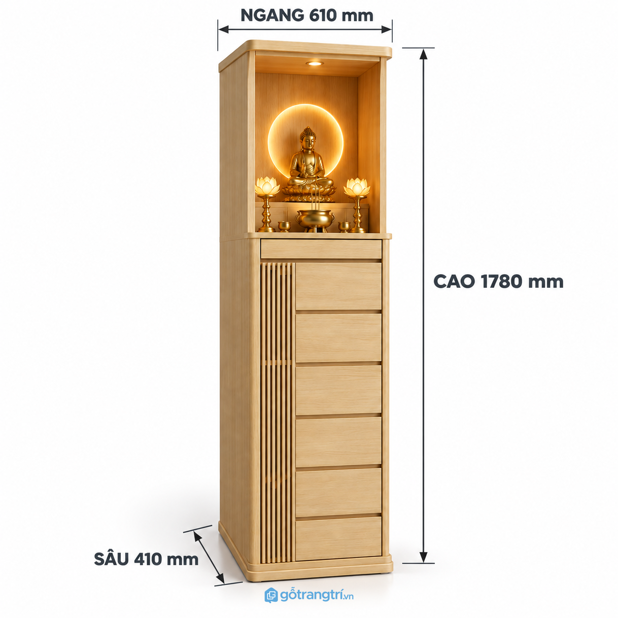 Tủ thờ Phật đứng nhiều ngăn có đèn LED hiện đại