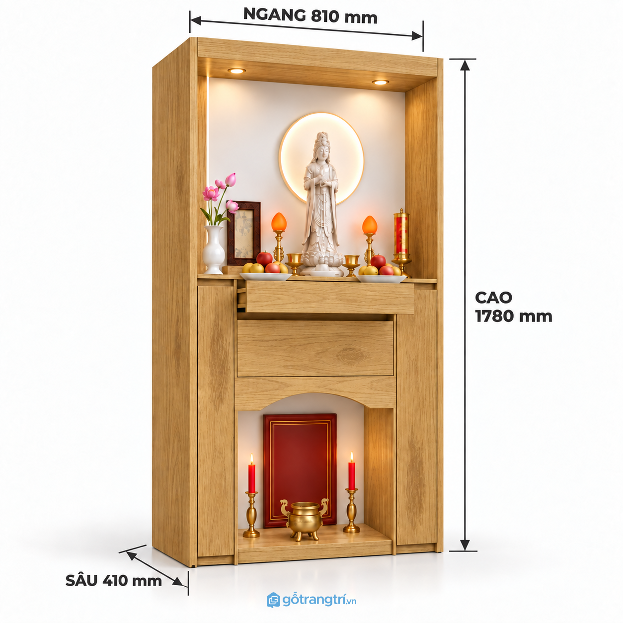 Tủ thờ Phật gia tiên 2 tầng hiện đại, nhiều ngăn tiện dụng