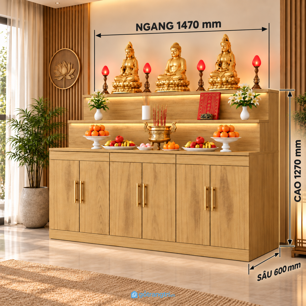Tủ thờ Phật gia tiên 6 cánh có đèn LED, nhiều ngăn rộng rãi