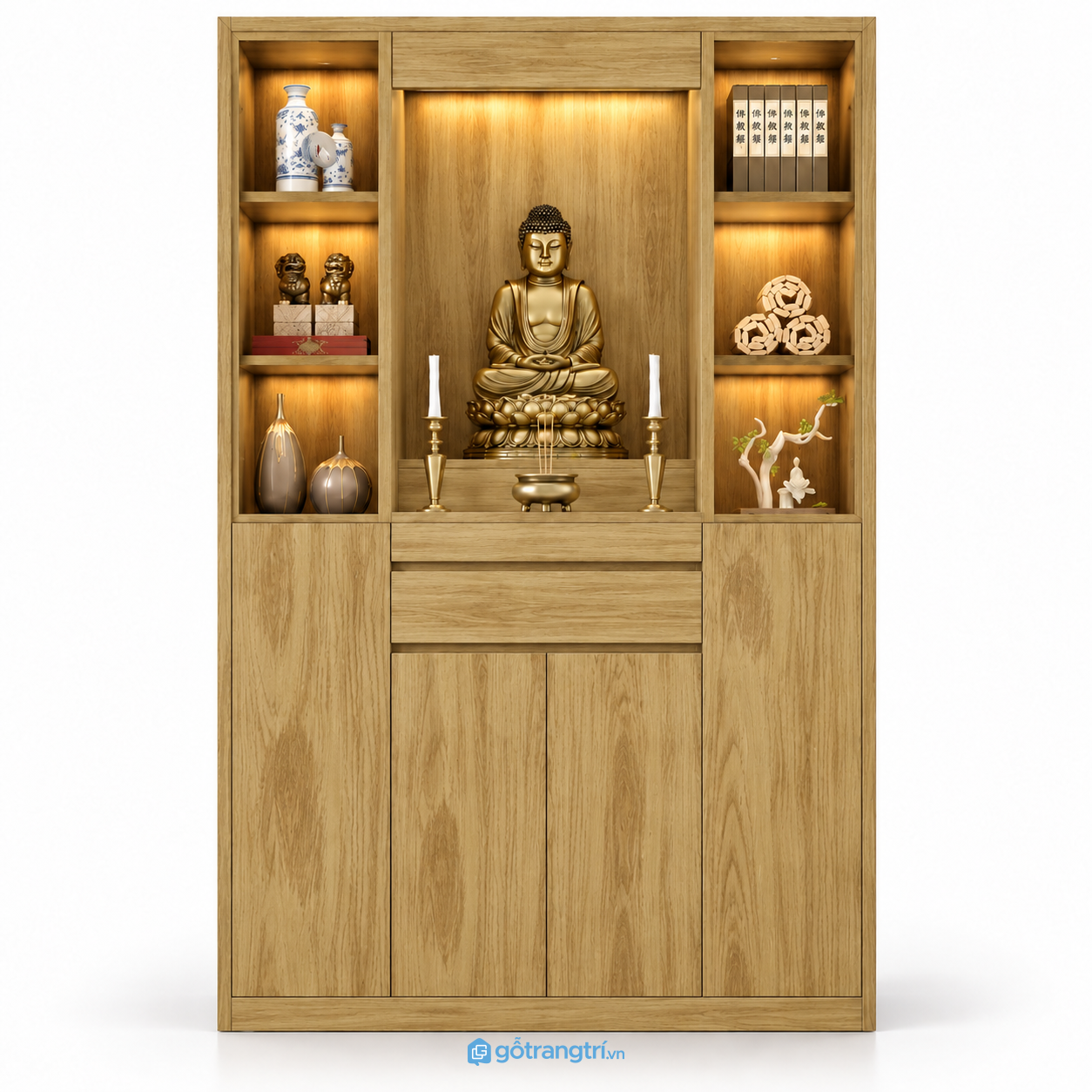 Tủ Thờ Phật Gia Tiên Nhiều Ngăn Bằng Gỗ GHS-5042 - 127x410x210cm - Màu gỗ sồi - GHS-5042a