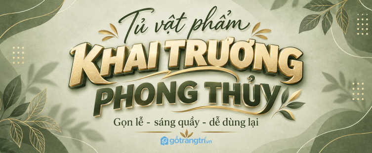 Tủ vật phẩm khai trương phong thủy cho shop nhỏ: gọn đồ lễ, sáng quầy và dễ dùng lại