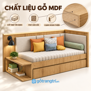 Vân gỗ sáng dễ vệ sinh, phối cùng nệm màu trung tính