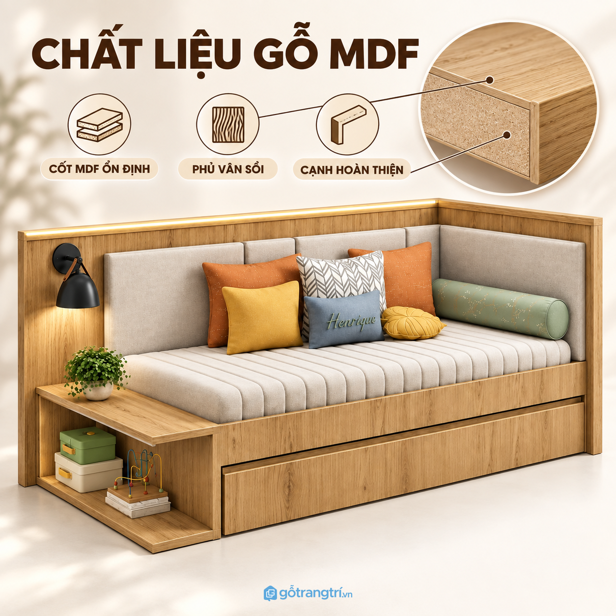 Vân gỗ sáng dễ vệ sinh, phối cùng nệm màu trung tính