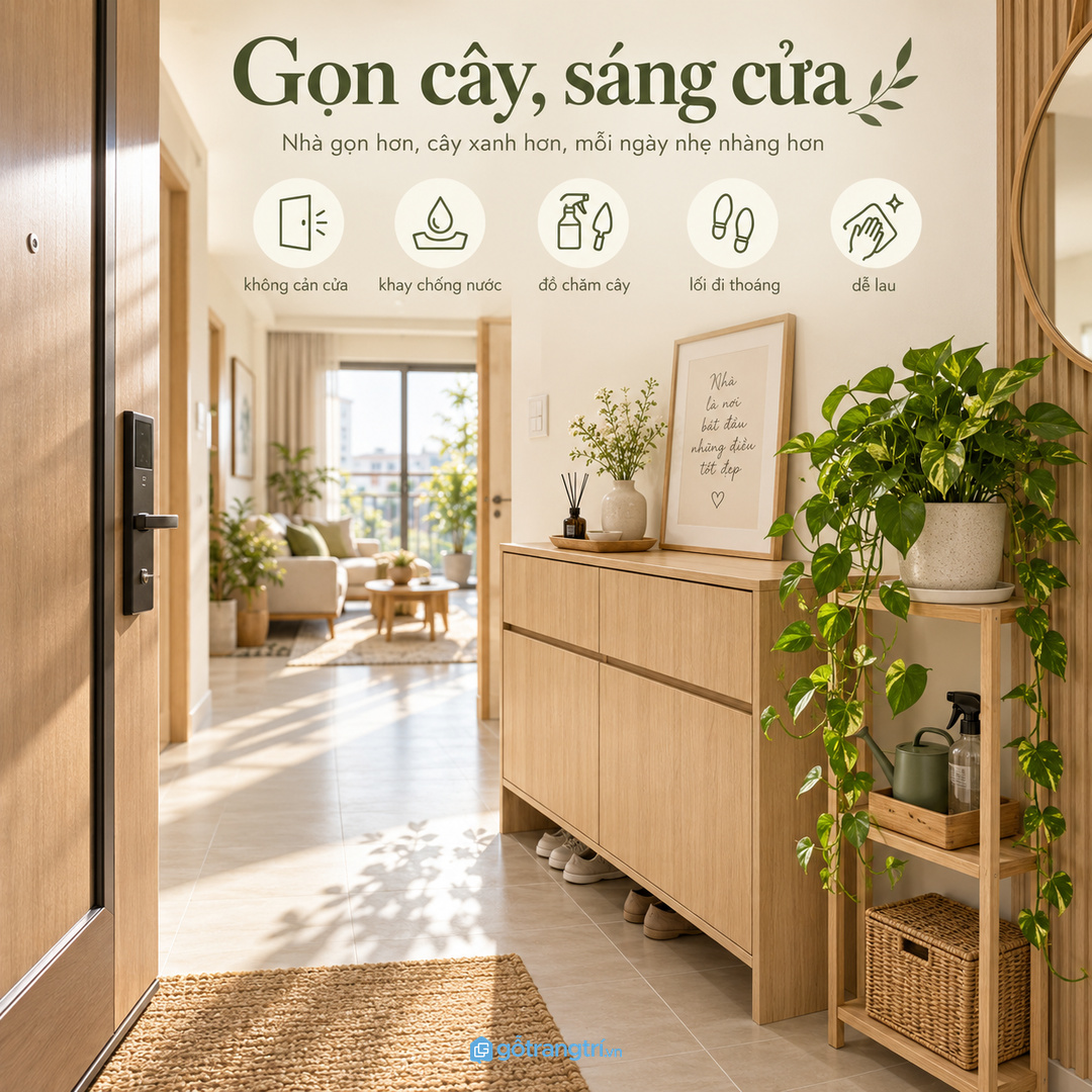 Kệ cây trầu bà phong thủy lối vào nhỏ giúp gọn cây sáng cửa và dễ chăm lâu