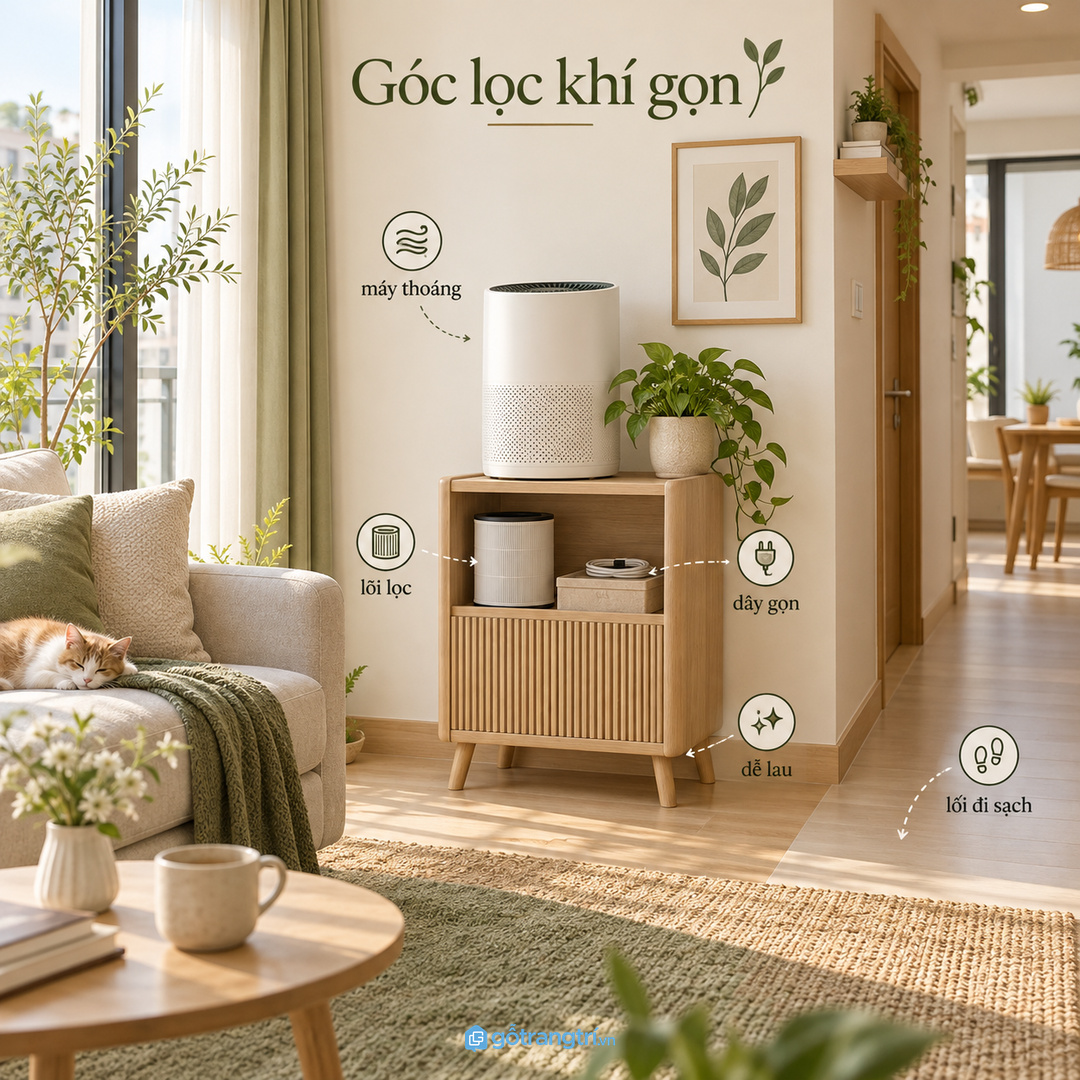 Kệ máy lọc không khí cho chung cư nhỏ gom máy dây lõi lọc và khăn lau vào một góc sạch