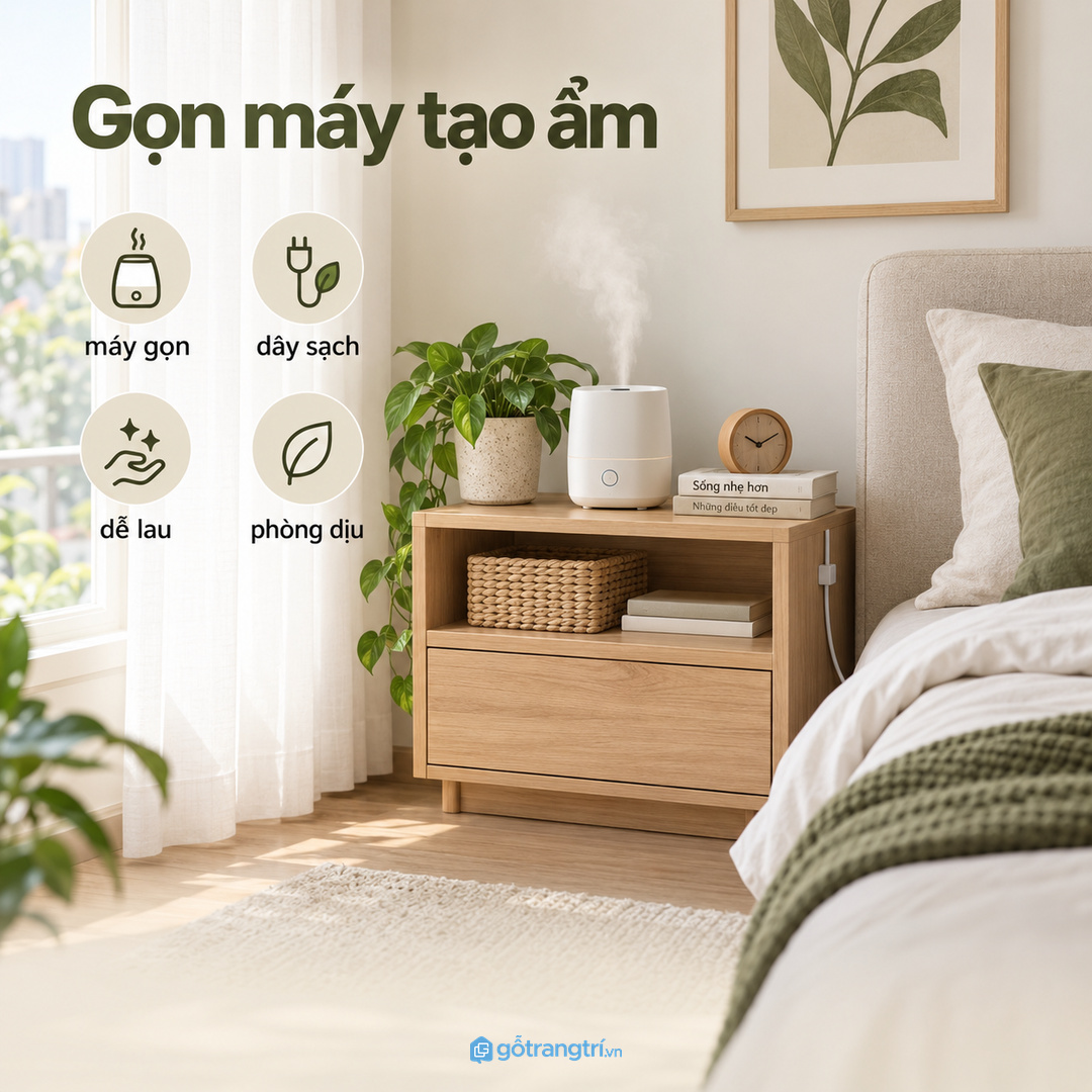 Kệ máy tạo ẩm phòng ngủ nhỏ giúp thiết bị gọn dây sạch và góc ngủ dịu hơn