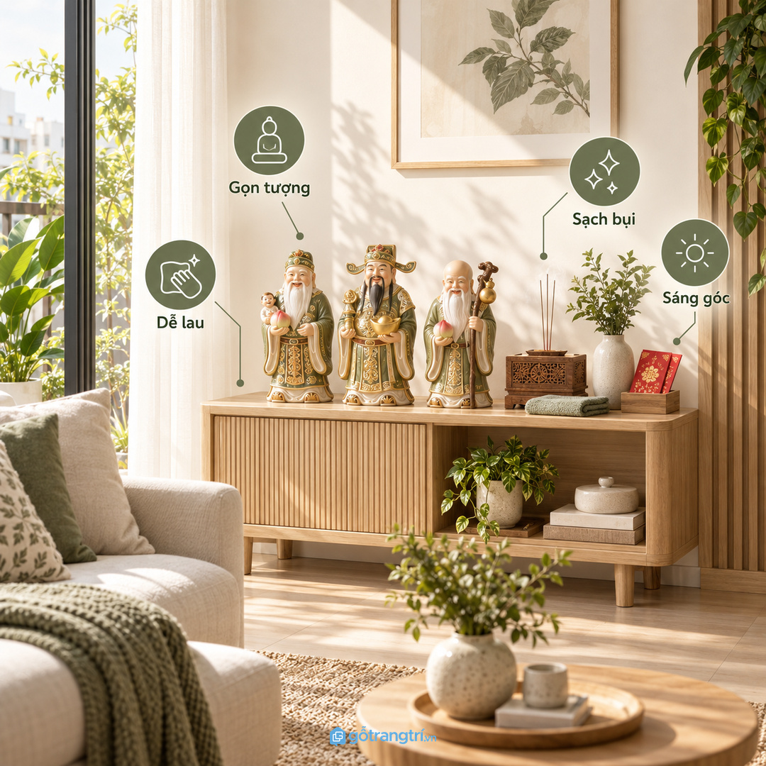 Kệ Phúc Lộc Thọ phong thủy phòng khách nhỏ giúp bày tượng gọn, sạch bụi và sáng góc nhà