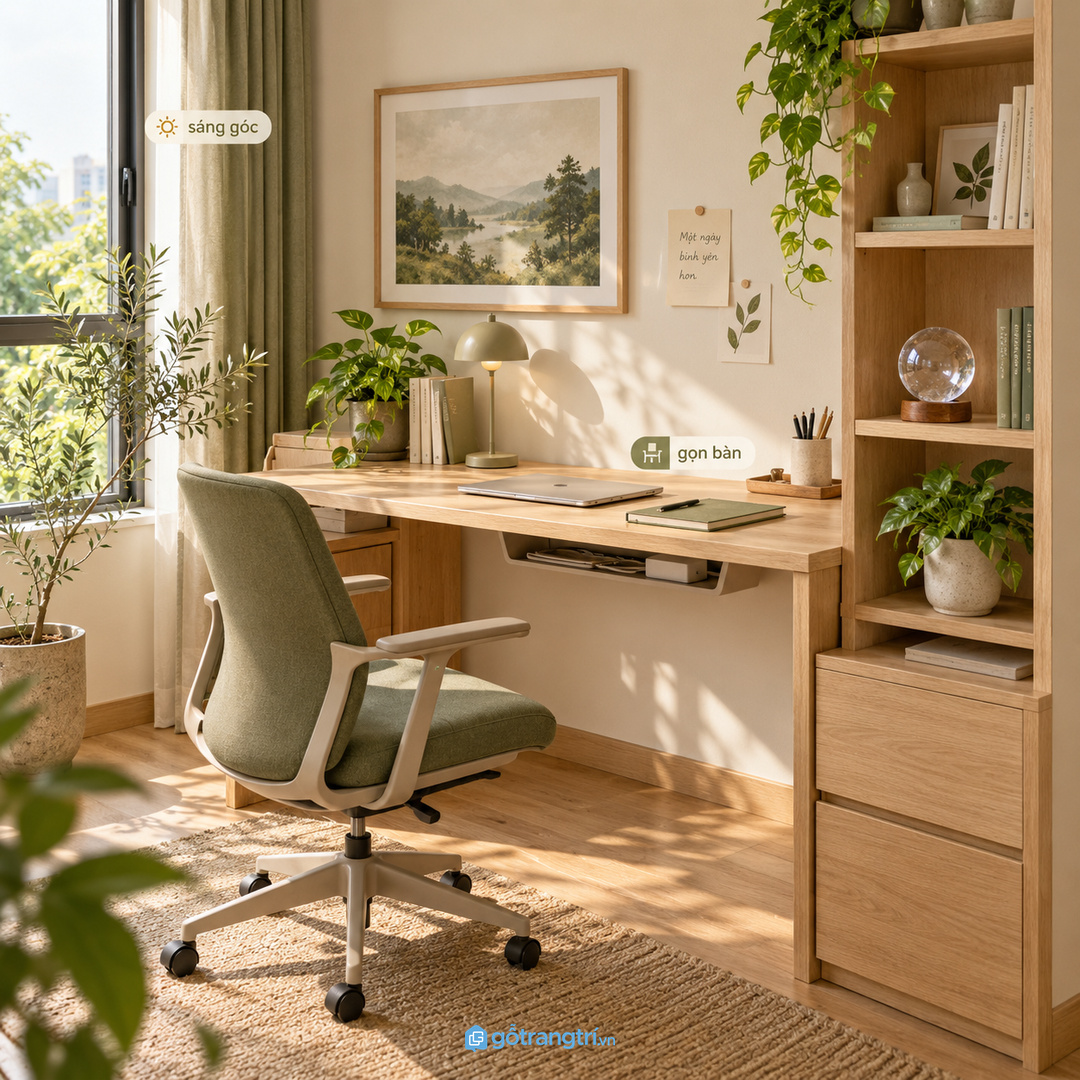 Kệ quả cầu pha lê phong thủy góc làm việc giúp bày vật phẩm sáng đẹp mà mặt bàn vẫn gọn