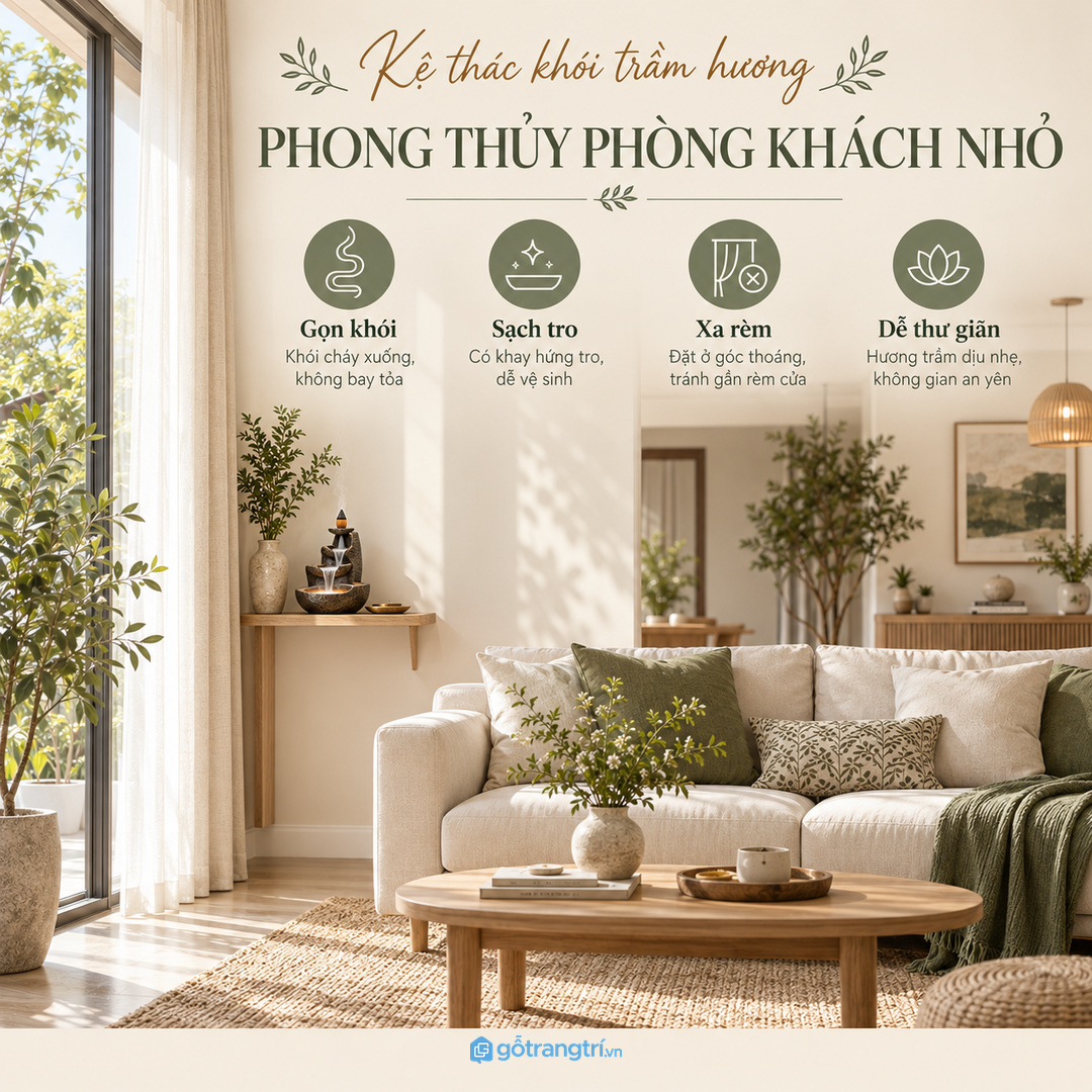Kệ thác khói trầm hương phong thủy phòng khách nhỏ giúp gọn khói sạch tro và dễ thư giãn