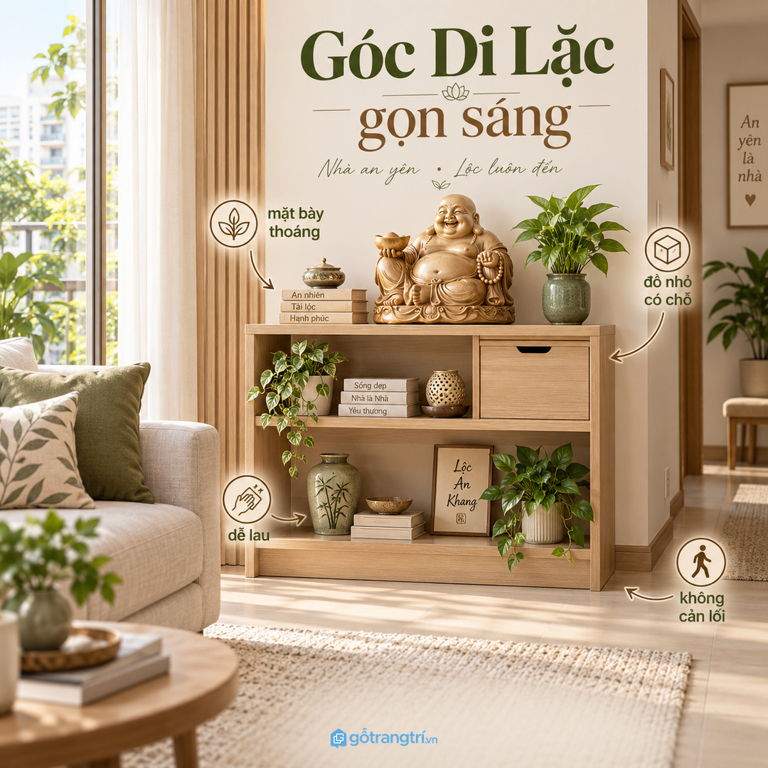 Kệ tượng Di Lặc phong thủy cho phòng khách nhỏ giúp bày vật phẩm có điểm nhấn và giữ góc nhà sáng sạch