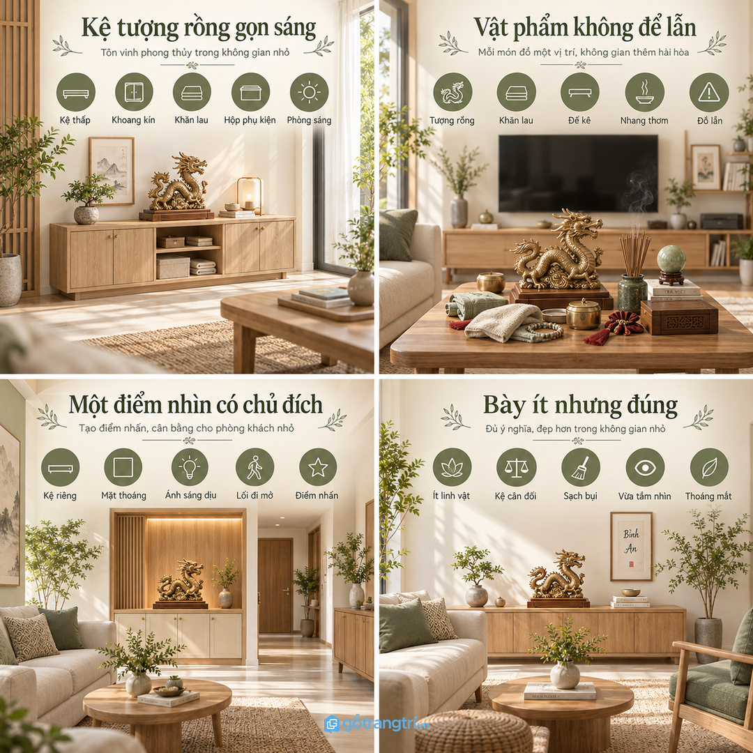 Kệ tượng rồng phong thủy phòng khách nhỏ giúp góc vật phẩm sáng gọn và dễ lau bụi