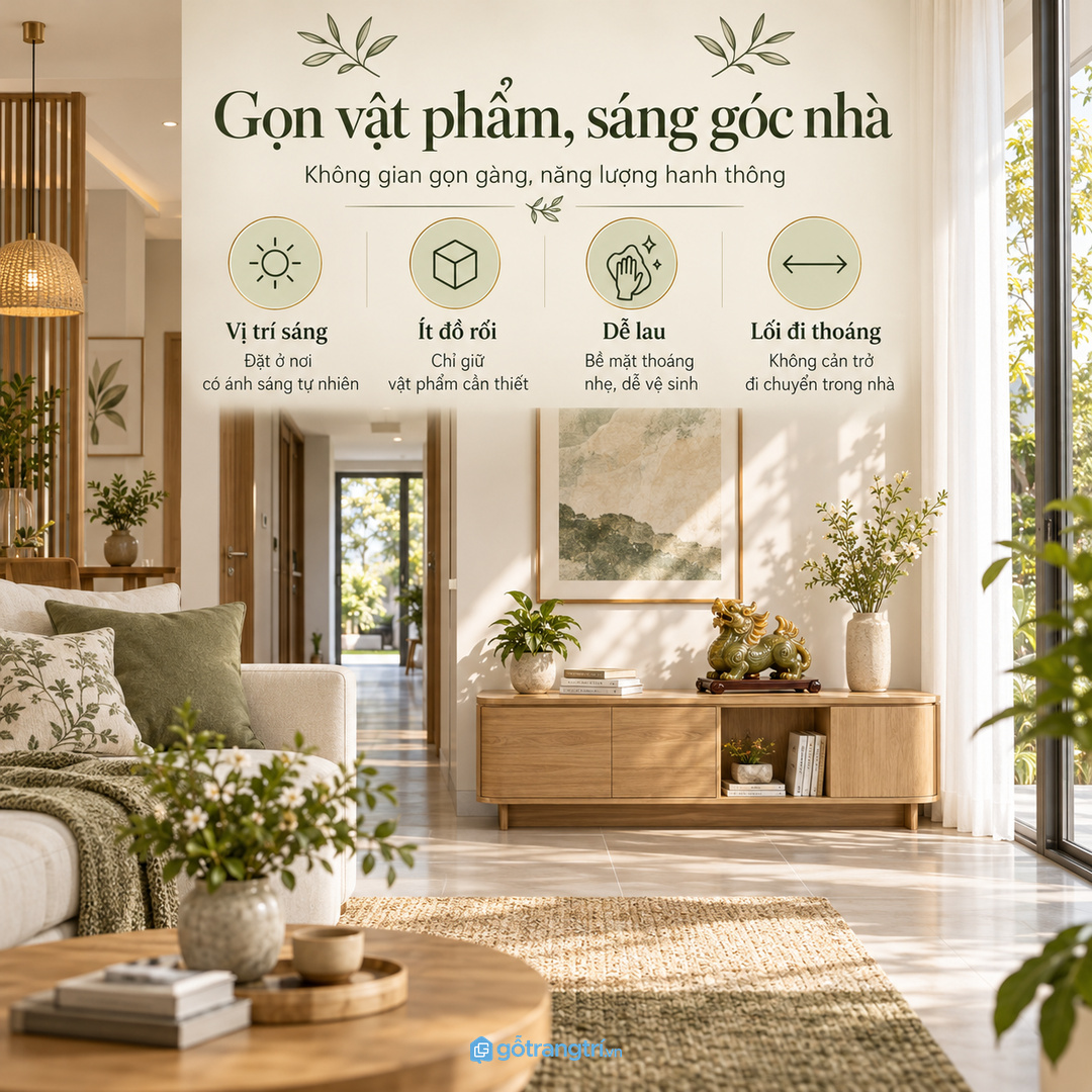 Kệ Tỳ Hưu phong thủy phòng khách nhỏ giúp vật phẩm có vị trí riêng gọn sáng và dễ lau bụi