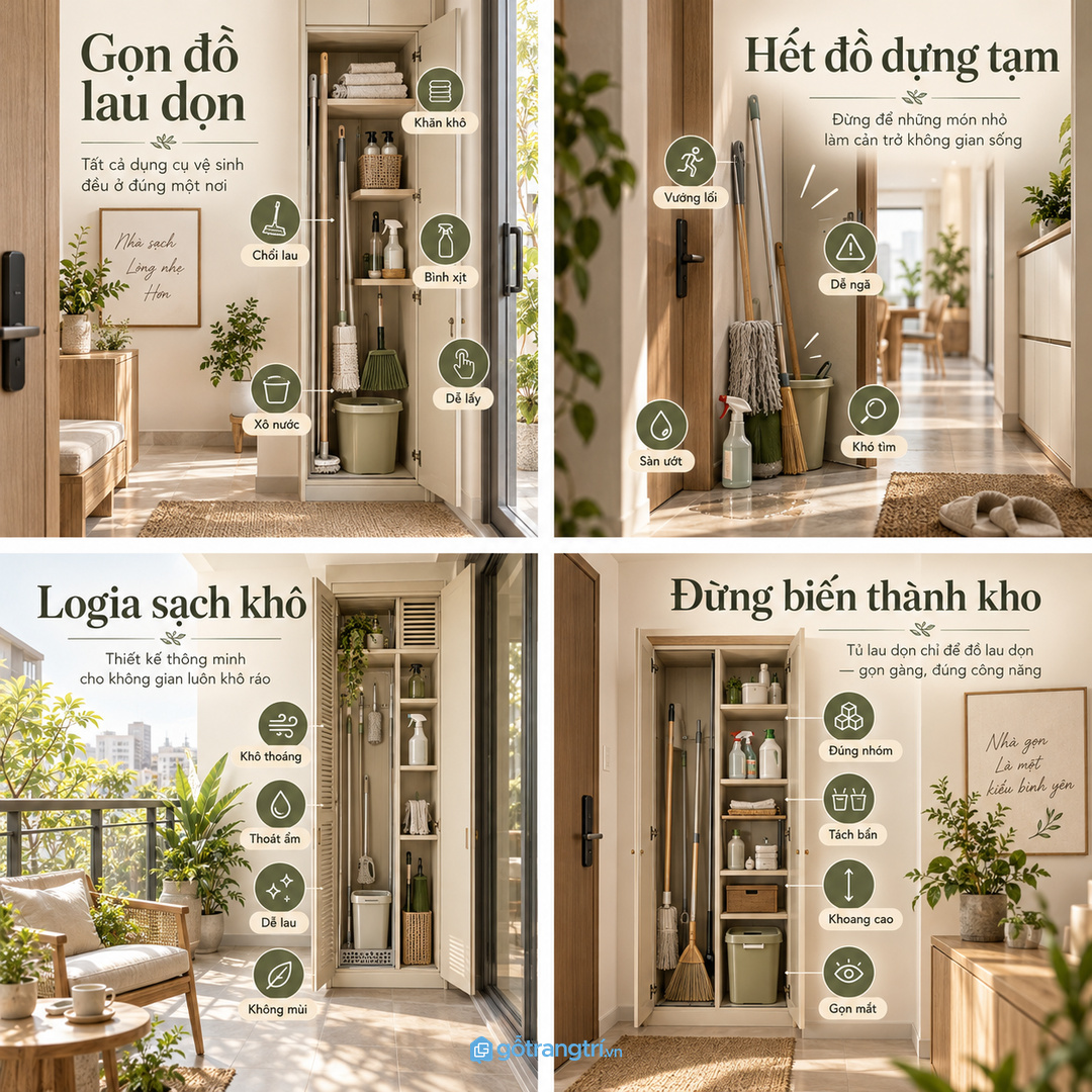 Tủ cây lau nhà cho chung cư nhỏ gom chổi lau xô nước bình lau sàn khăn và găng tay vào một điểm gọn sạch