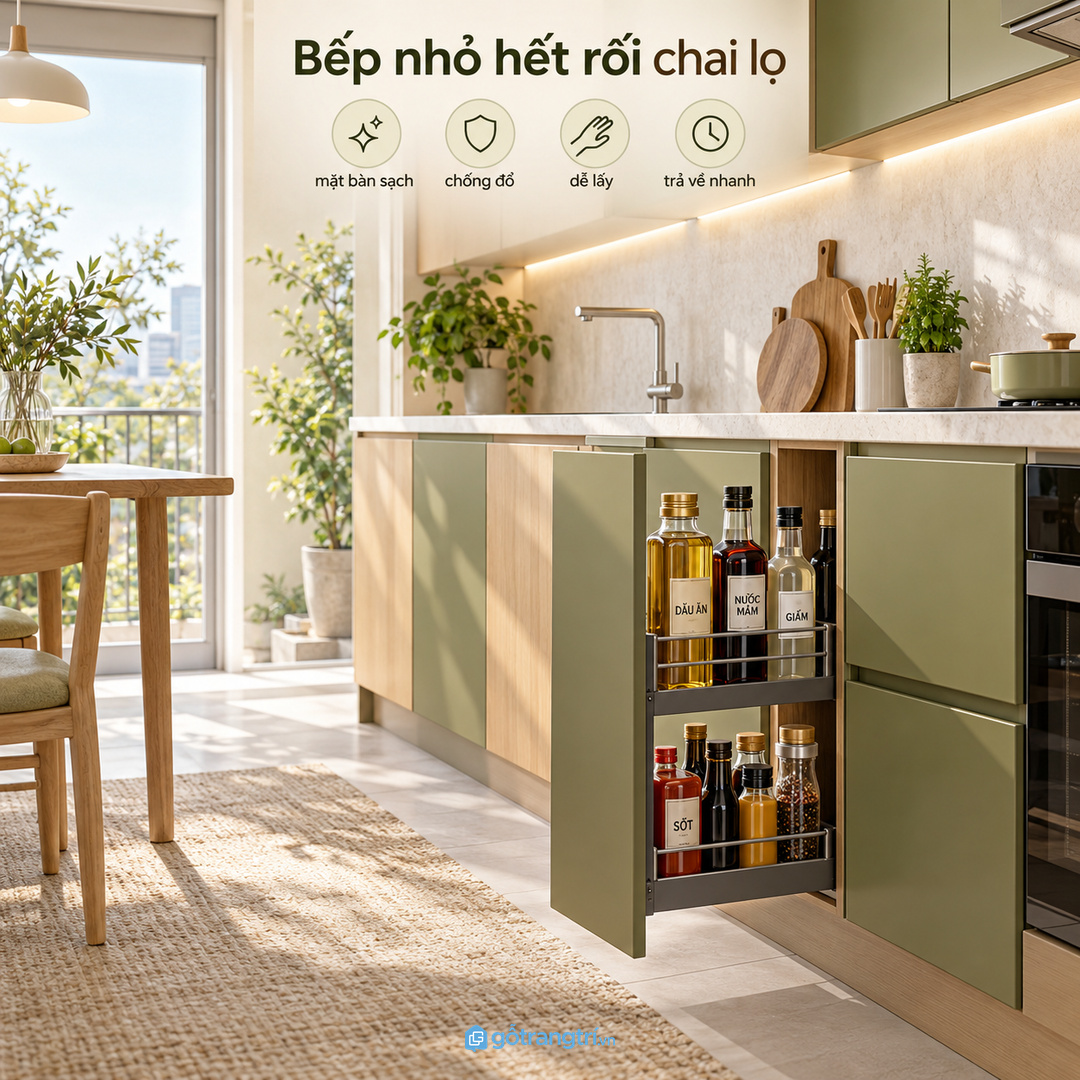 Tủ chai nước mắm dầu ăn cho bếp nhỏ gom mắm dầu giấm sốt vào một khoang sạch dễ lấy