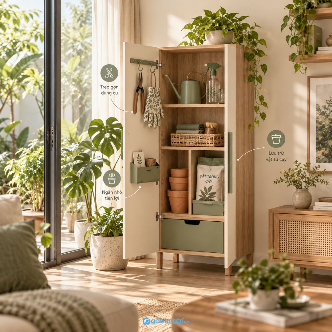 Tủ đồ chăm cây trong nhà phố nhỏ gom bình tưới đất trồng kéo tỉa khăn lau và nhãn cây gọn sạch