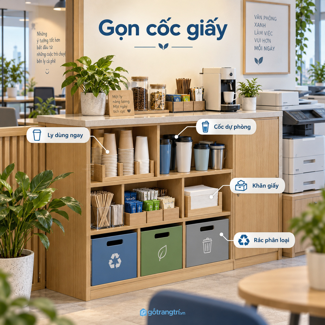 Tủ cốc giấy văn phòng nhỏ gom ly cốc que khuấy trà cà phê khăn giấy và rác phân loại vào một điểm gọn sạch