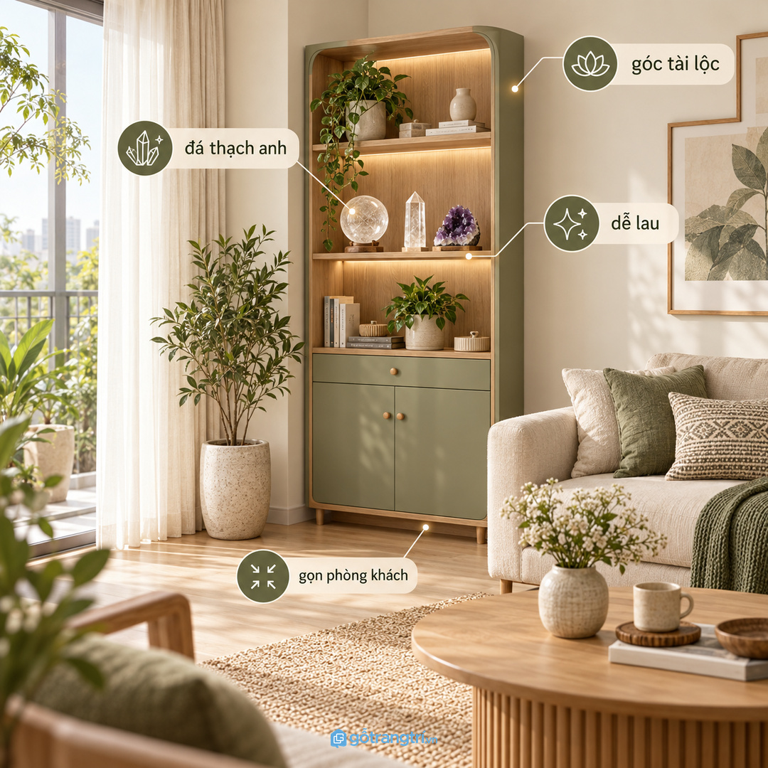 Tủ đá thạch anh phong thủy cho phòng khách nhỏ giúp gom vật phẩm về một góc sáng gọn và dễ lau