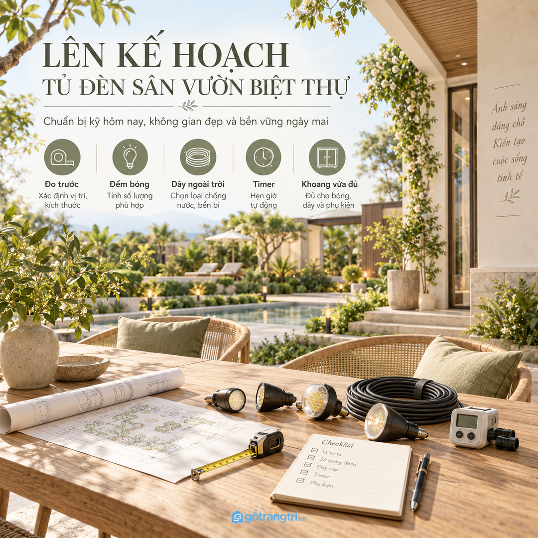 Tủ đèn sân vườn biệt thự gom bóng đèn dây ngoài trời timer khăn lau và dụng cụ bảo trì vào một điểm sạch