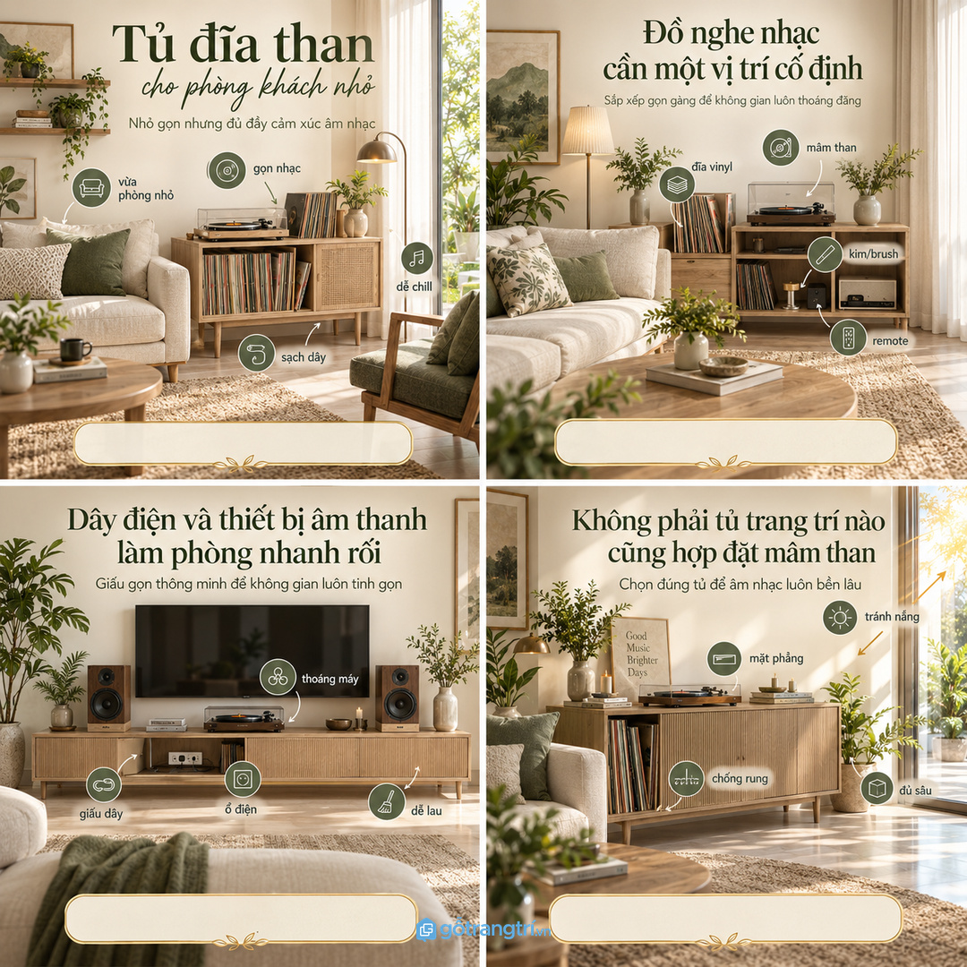 Tủ đĩa than phòng khách nhỏ gom mâm than vinyl phụ kiện và dây âm thanh vào một góc gọn đẹp