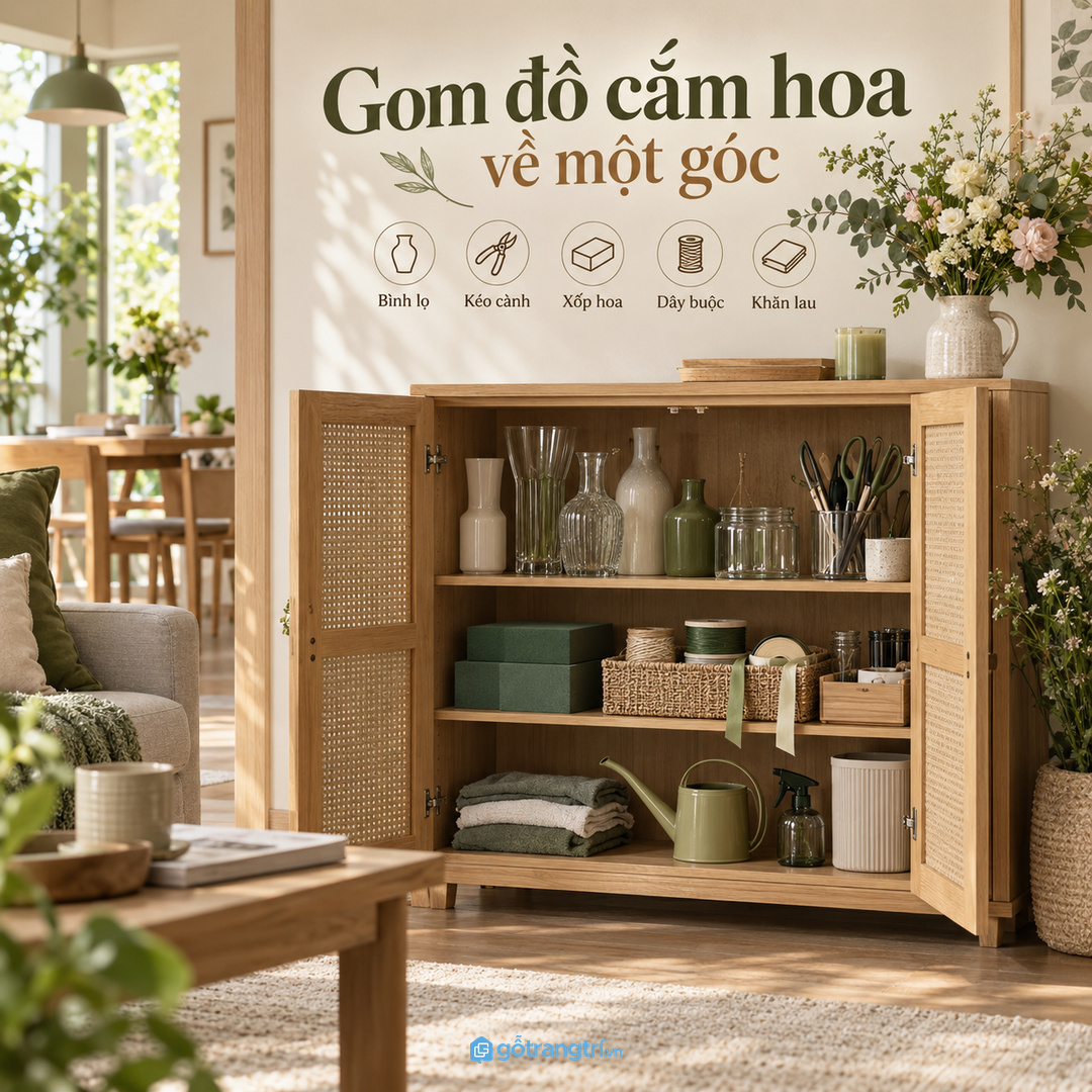 Tủ đồ cắm hoa cho nhà đẹp gom bình lọ kéo cành xốp hoa dây buộc và khăn lau vào một điểm gọn sạch