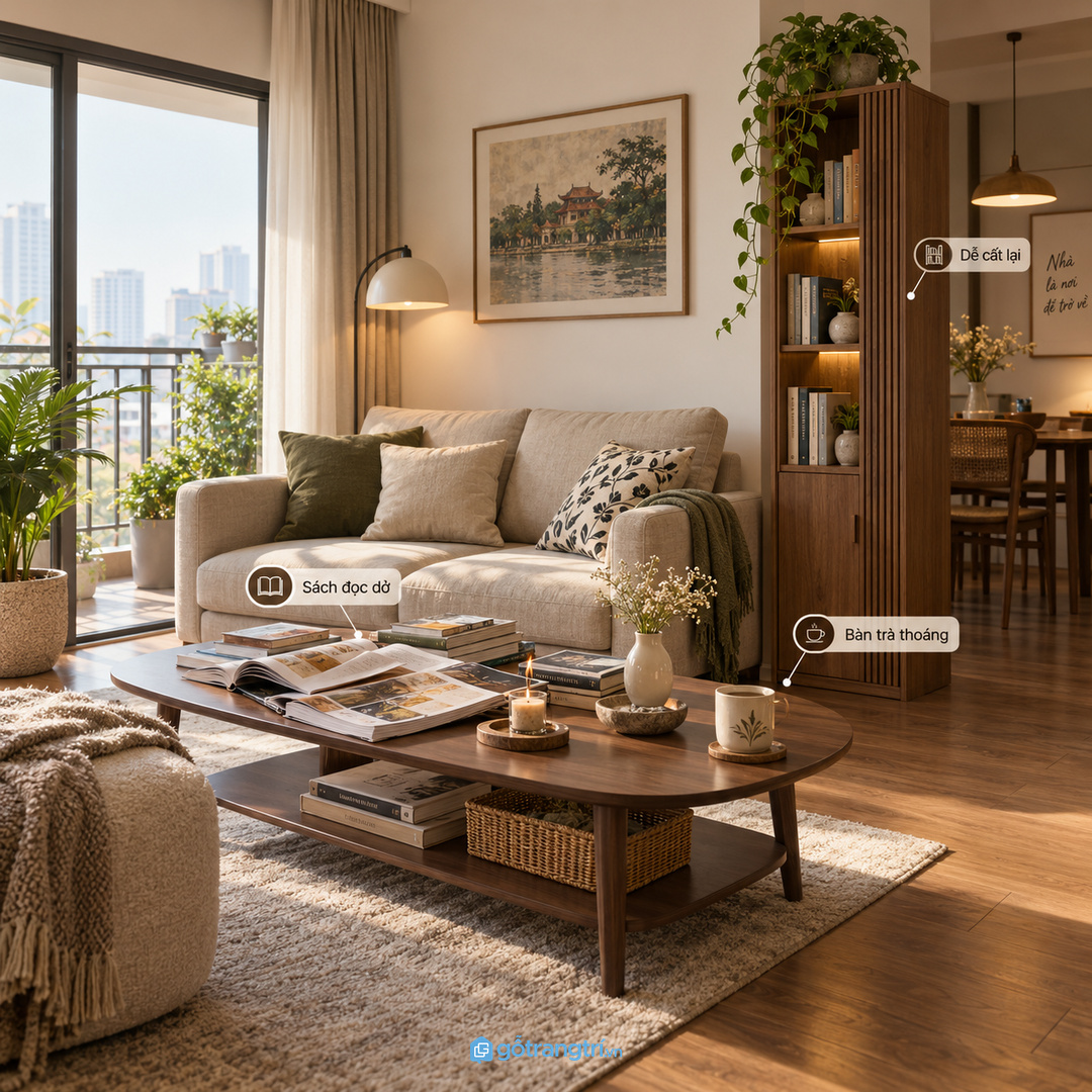 Tủ đồ đọc sách phòng khách nhỏ gom sách tạp chí kính đọc điều khiển và sạc nhỏ vào một điểm gọn sạch