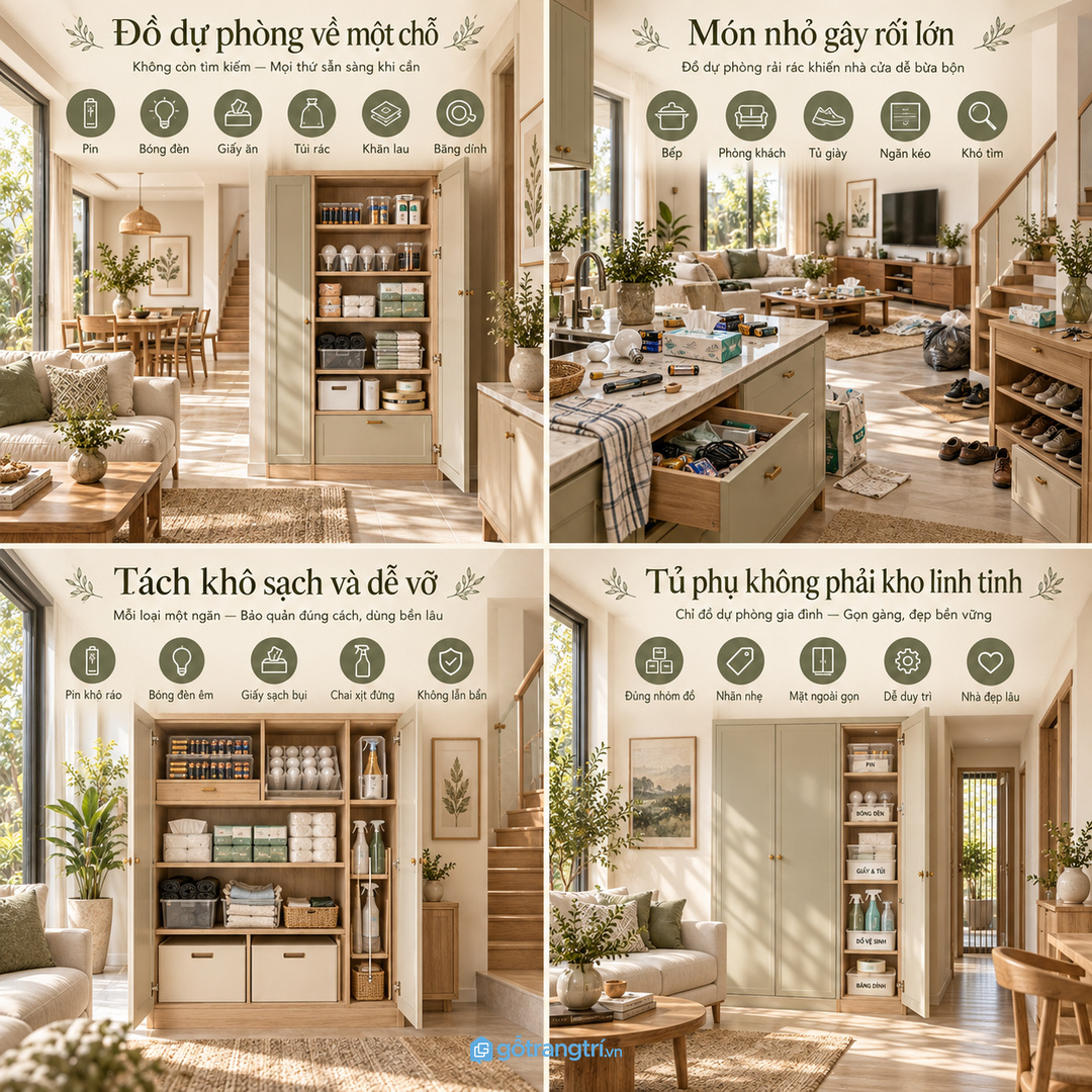 Tủ đồ dự phòng gia đình trong nhà phố nhỏ gom đồ cần lúc khẩn về một điểm gọn sạch