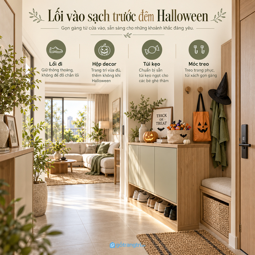 Tủ đồ Halloween cho chung cư nhỏ gom mặt nạ mũ hóa trang đèn bí ngô dây treo và túi kẹo vào một điểm gọn sạch