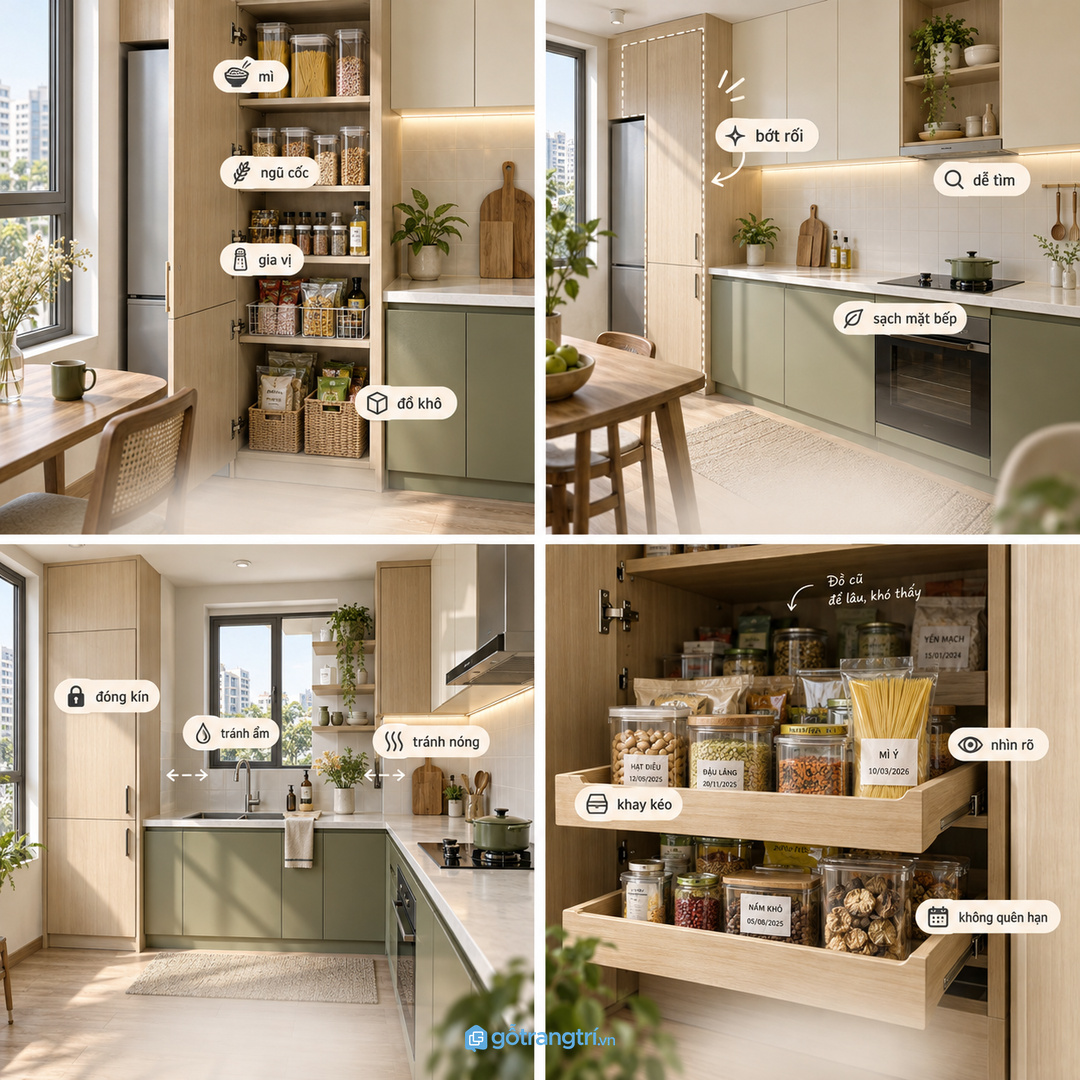 Tủ đồ khô bếp nhỏ gom mì ngũ cốc gia vị và đồ dự trữ vào một điểm sạch dễ tìm