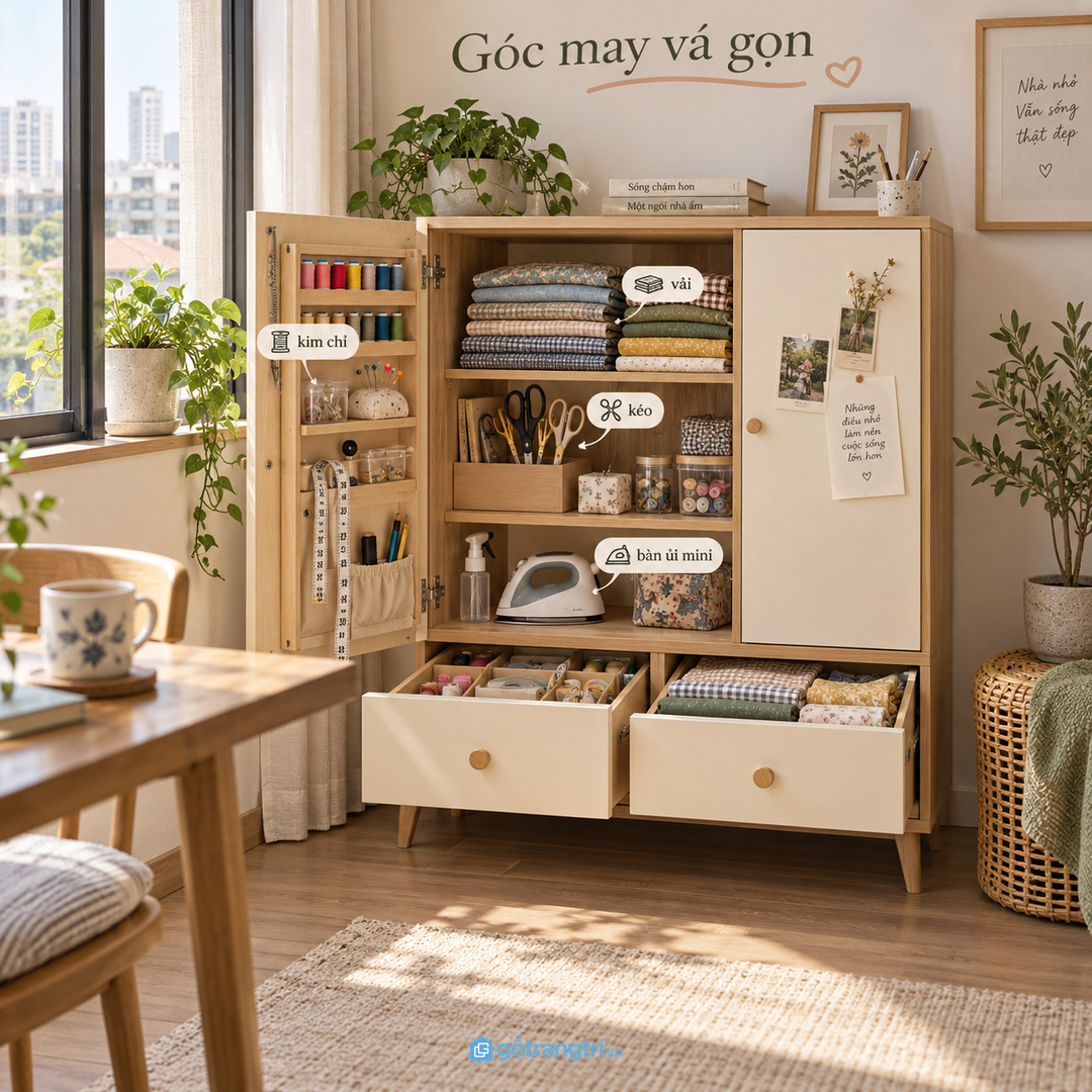 Tủ đồ may vá cho nhà nhỏ gom kim chỉ kéo vải và bàn ủi mini vào một điểm gọn sạch