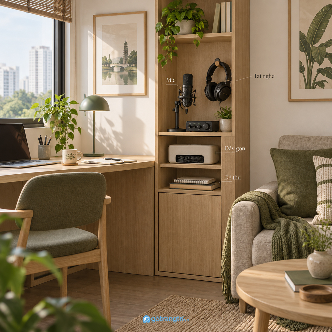 Tủ đồ nghe podcast cho chung cư nhỏ gom mic tai nghe dây âm thanh và phụ kiện thu vào một điểm gọn sạch