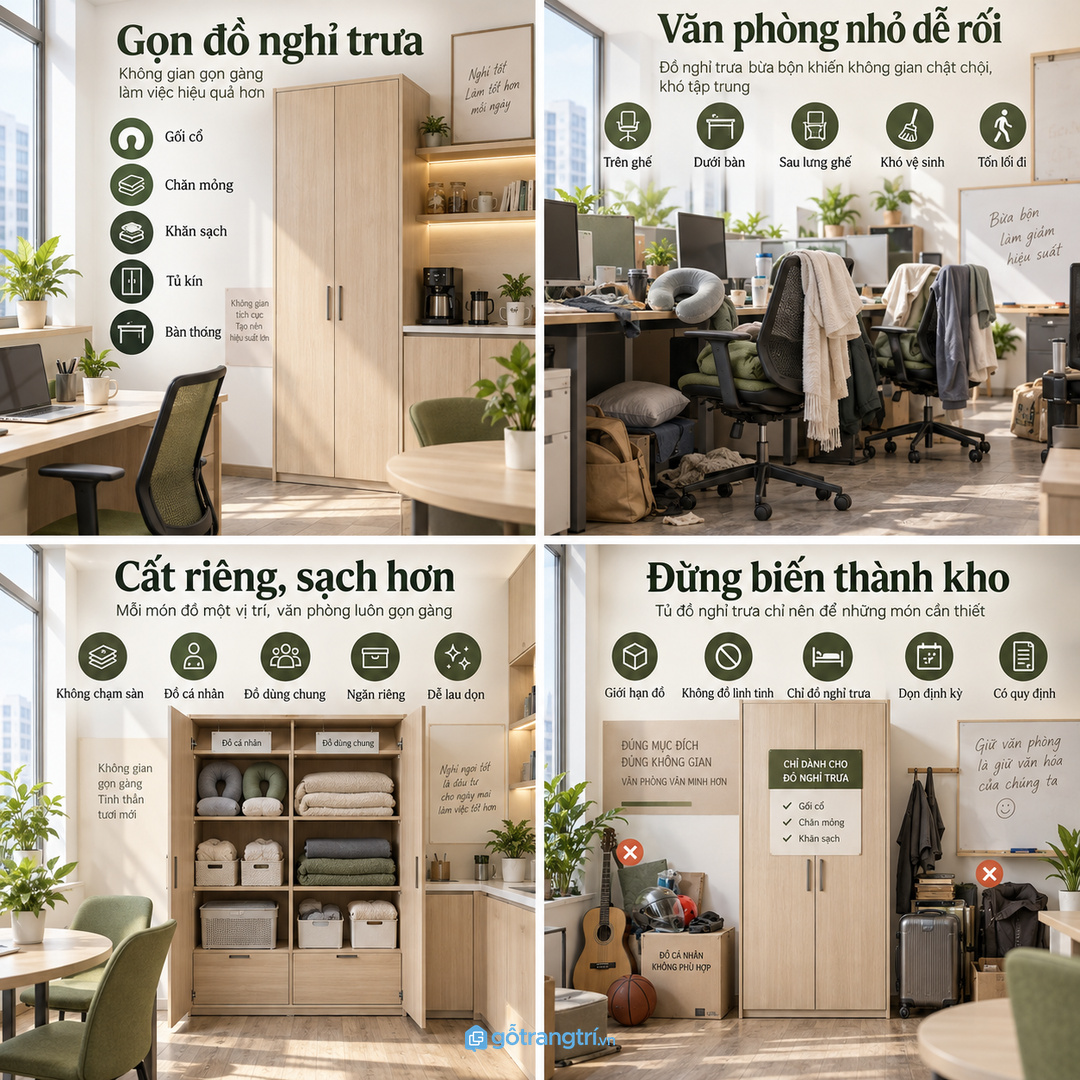 Tủ đồ nghỉ trưa văn phòng nhỏ gom gối chăn áo khoác khăn và đồ cá nhân vào một điểm sạch gọn