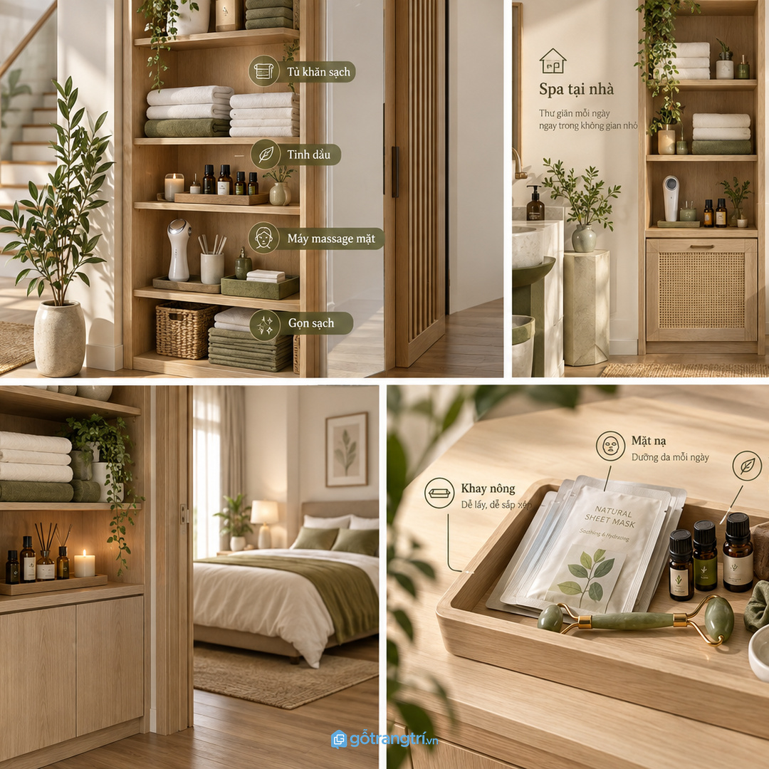 Tủ mỹ phẩm bàn trang điểm cho nhà phố nhỏ gom chai lọ son phấn mặt nạ và thiết bị chăm sóc vào một điểm sạch gọn