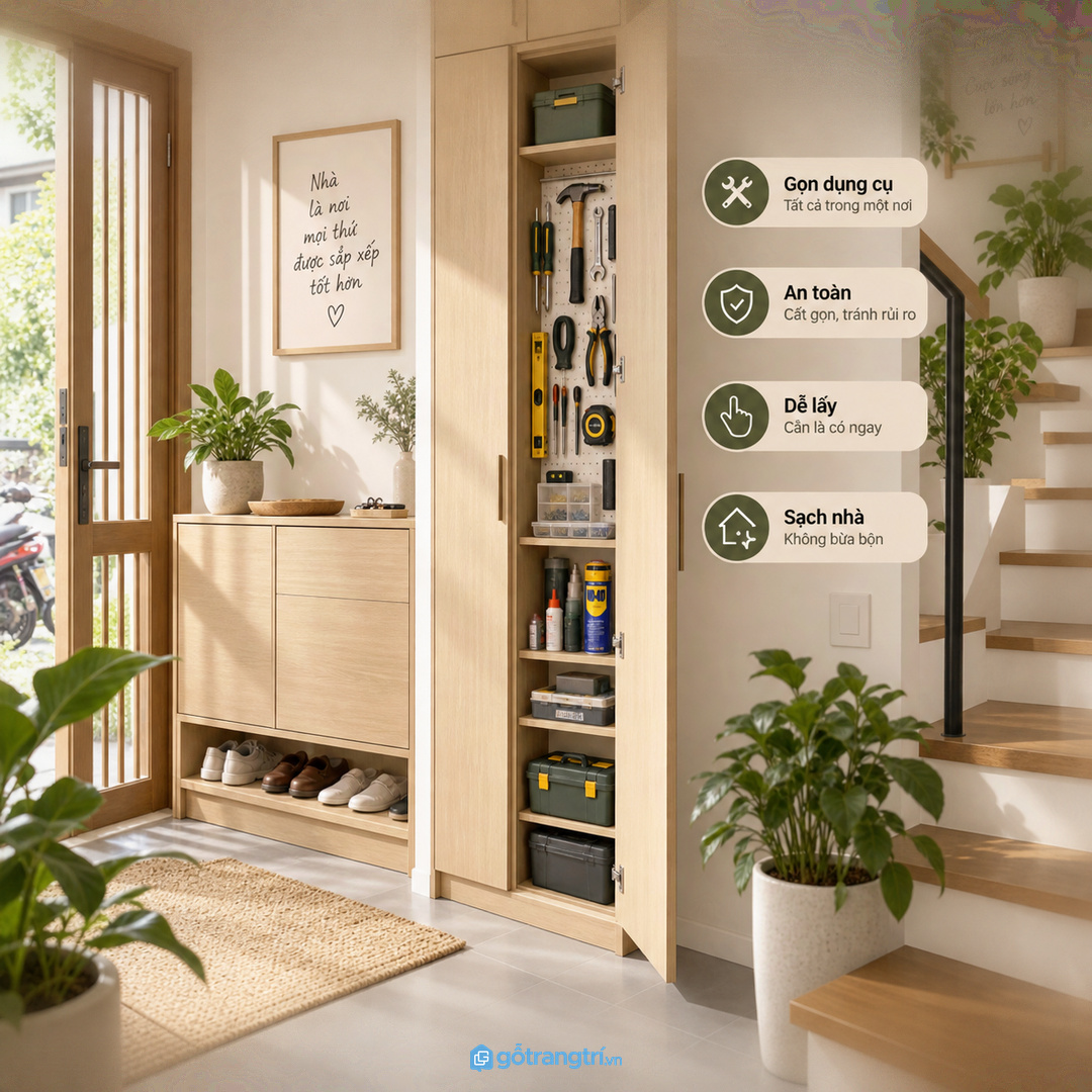 Tủ đồ sửa chữa gia đình trong nhà phố nhỏ gom dụng cụ về một điểm gọn sạch và an toàn