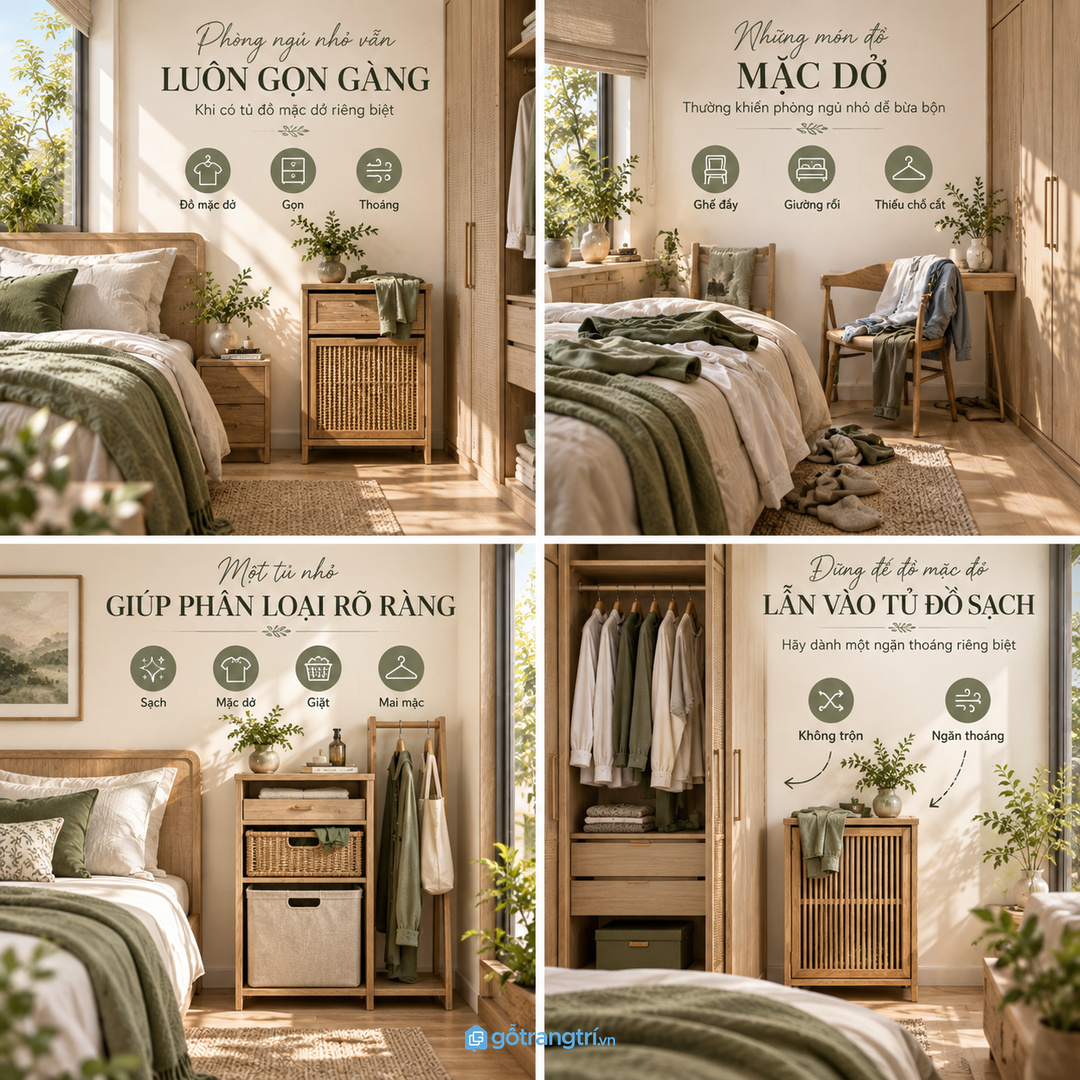 Tủ đồ thay ra cuối giường giúp gom áo mặc dở túi xách khăn và đồ chuẩn bị ngày mai gọn hơn