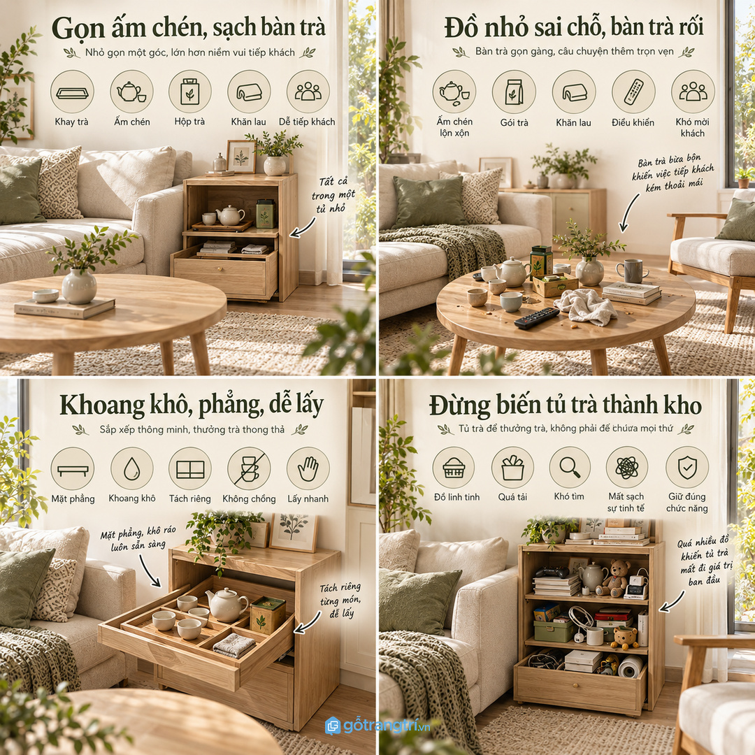 Tủ đồ tiếp khách cuối tuần phòng khách nhỏ gom khay trà bánh mứt ly cốc khăn giấy và đồ nhỏ về một điểm gọn sạch