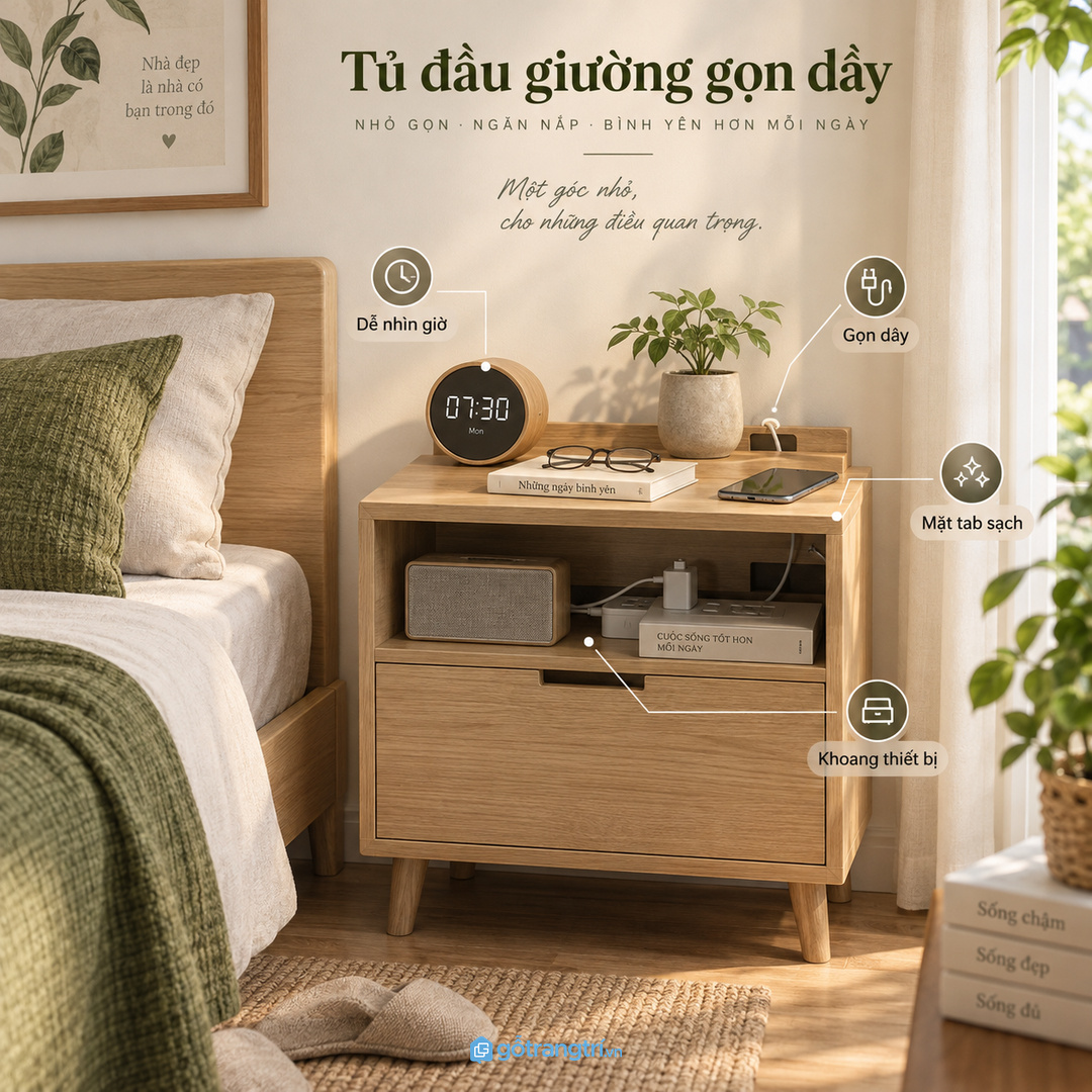 Tủ đồng hồ báo thức đầu giường gom đồng hồ điện thoại dây sạc kính ngủ và đồ nhỏ vào một điểm gọn dịu