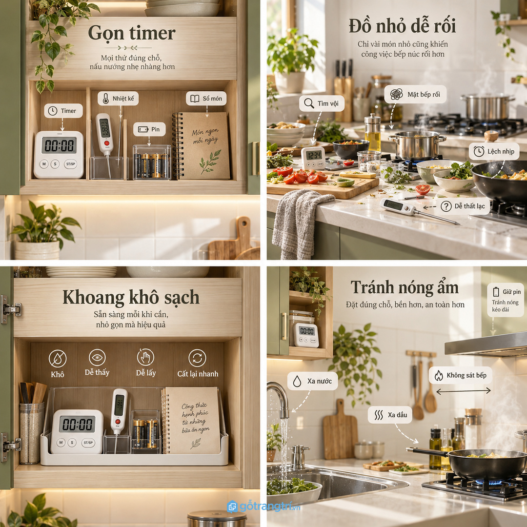 Tủ đồng hồ hẹn giờ bếp nhỏ gom timer nhiệt kế pin và sổ công thức vào một điểm gọn