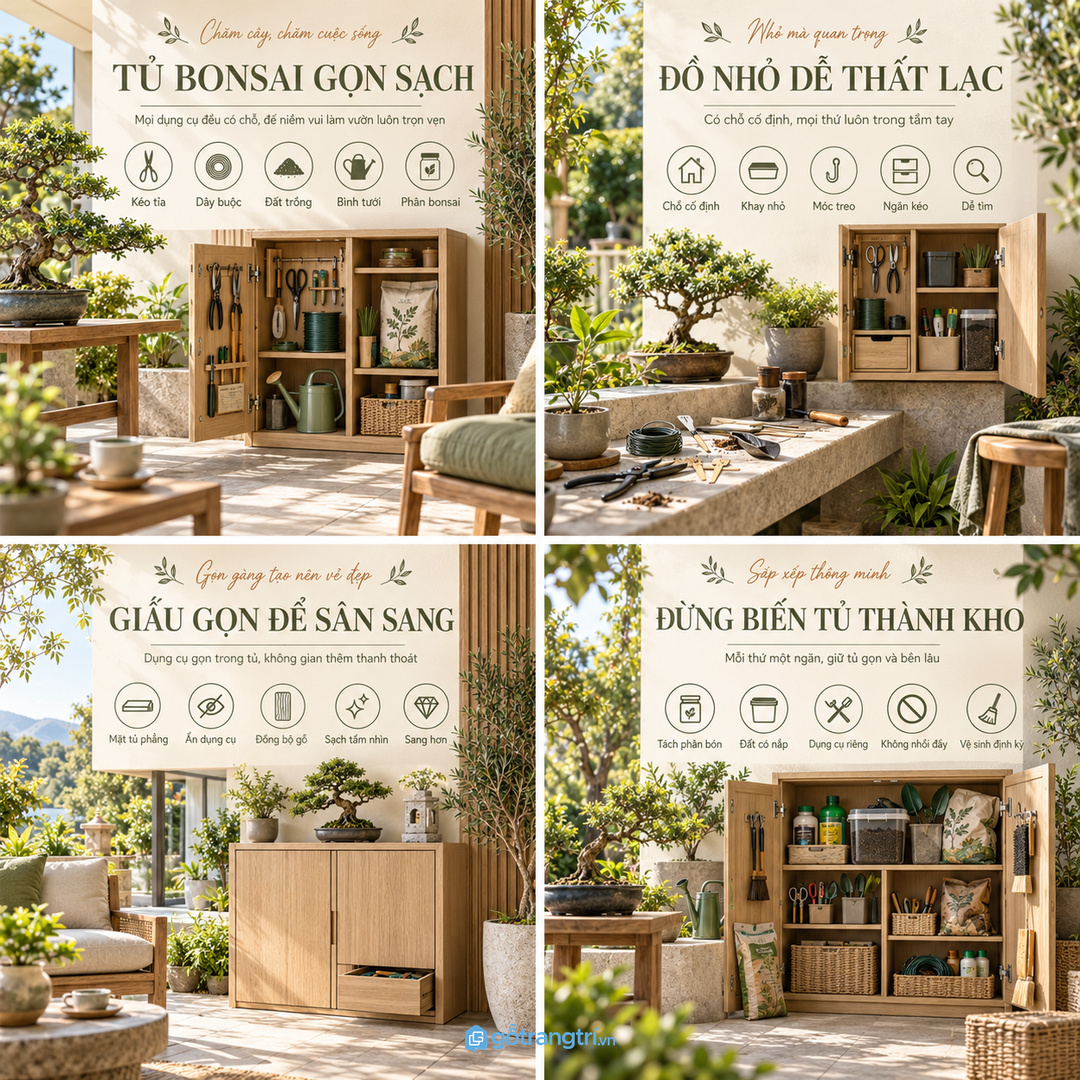 Tủ dụng cụ bonsai biệt thự gom kéo tỉa dây uốn đất phân và bình tưới vào một điểm gọn sạch