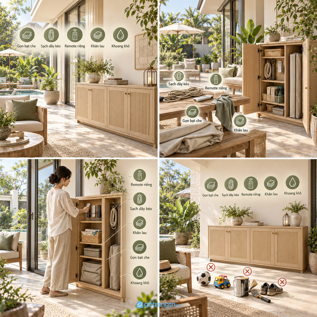 Tủ dụng cụ che nắng ngoài trời biệt thự gom bạt che dây kéo remote khăn lau và đồ bảo trì vào một điểm sạch