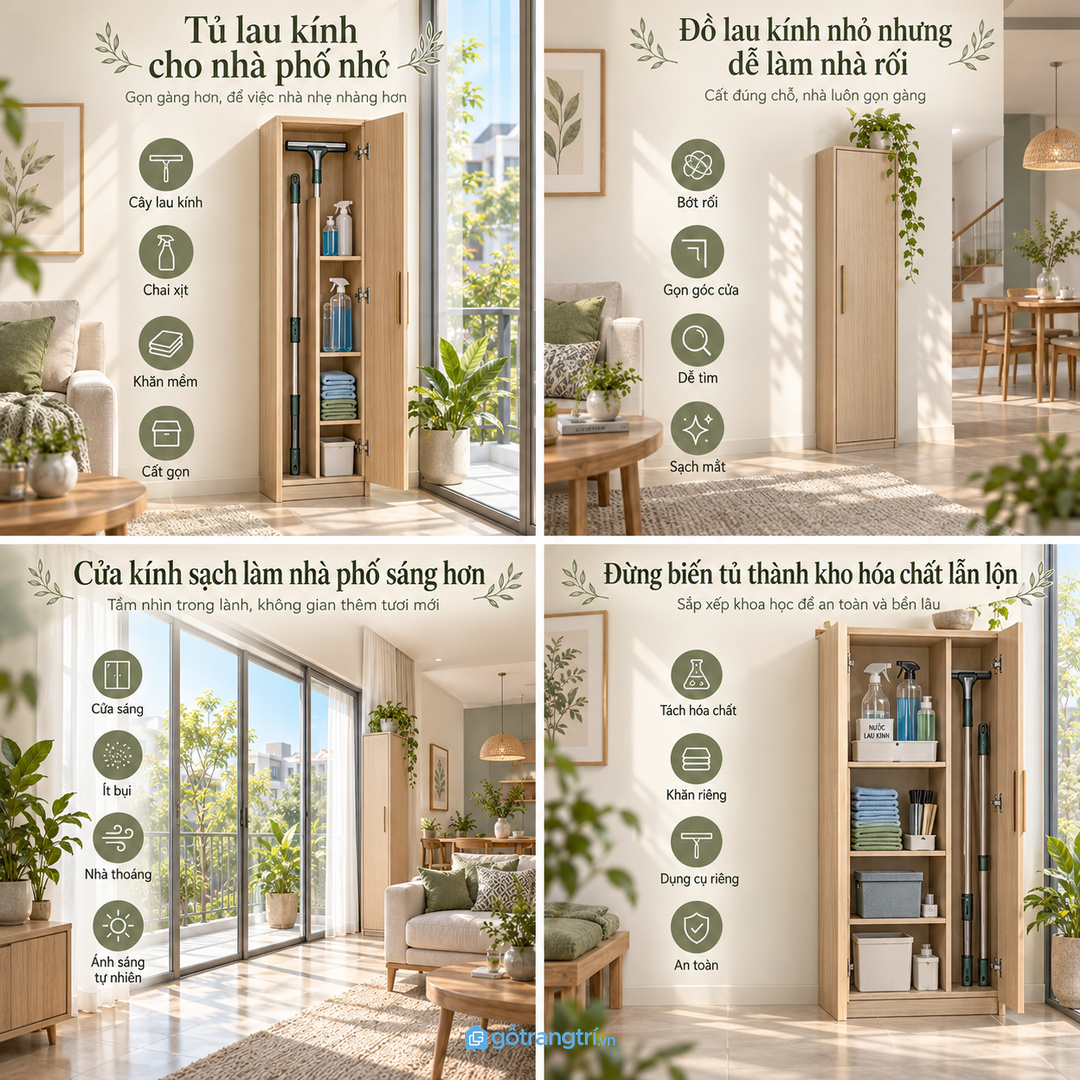 Tủ dụng cụ lau kính cho nhà phố nhỏ gom cây lau kính chai xịt khăn mềm và dụng cụ vệ sinh vào một điểm gọn sạch