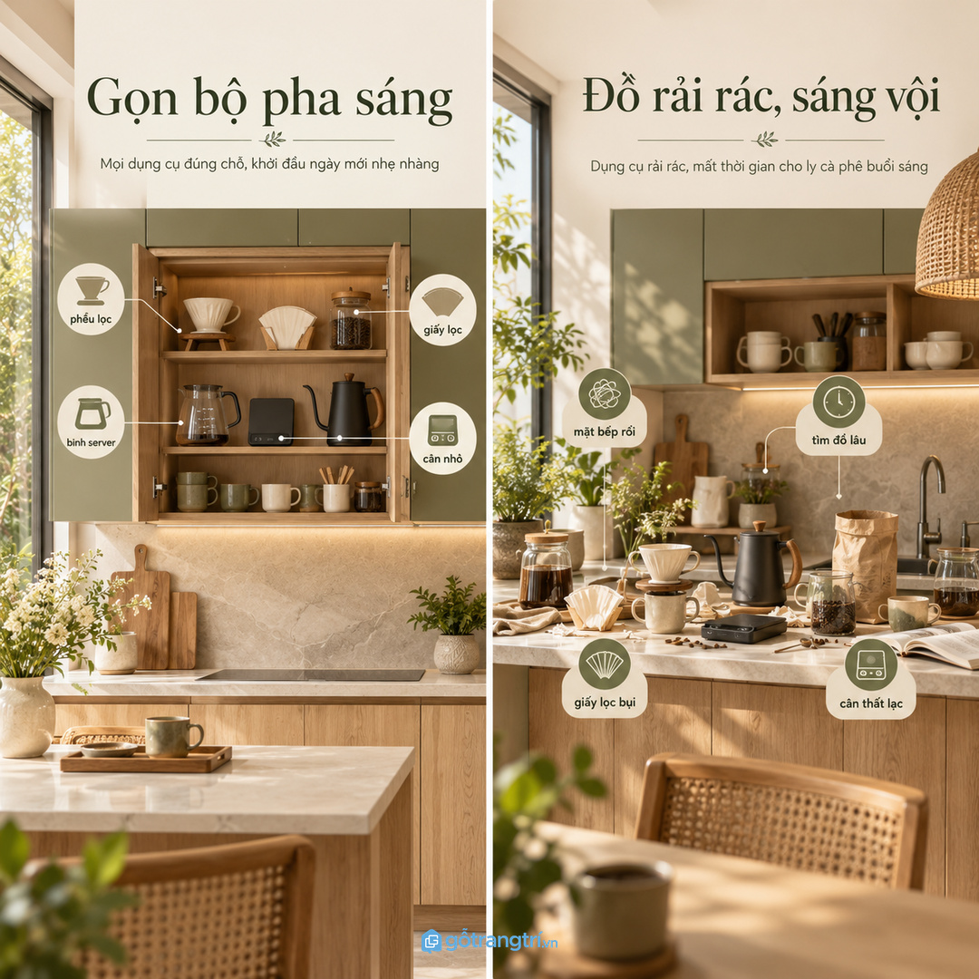 Tủ dụng cụ lọc cà phê cho bếp nhỏ gom phễu giấy lọc bình server cân và hạt cà phê vào một điểm sạch