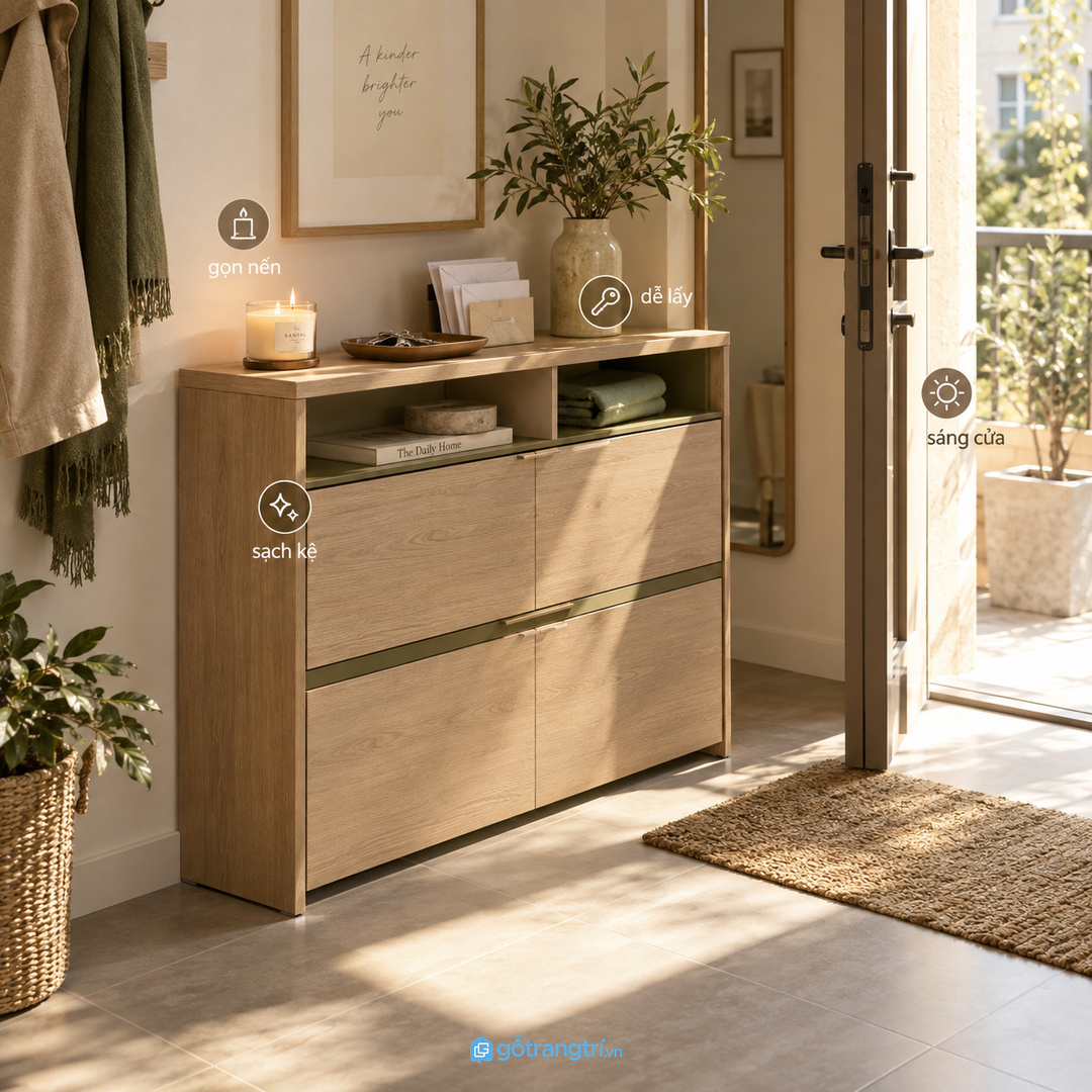Tủ đựng nến thơm phong thủy lối vào nhỏ giúp gọn mùi hương sáng cửa và dễ giữ nếp